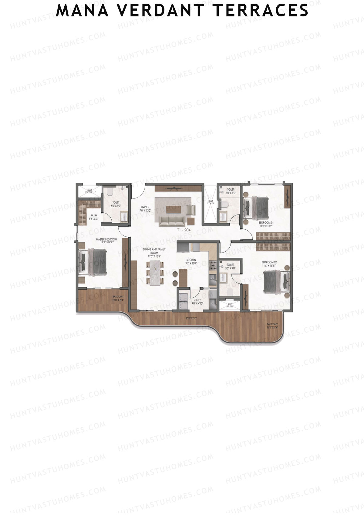Mana Verdant Terraces, Tower 1, Unit 4, 3BHK, Super Area 2306   sq ft 