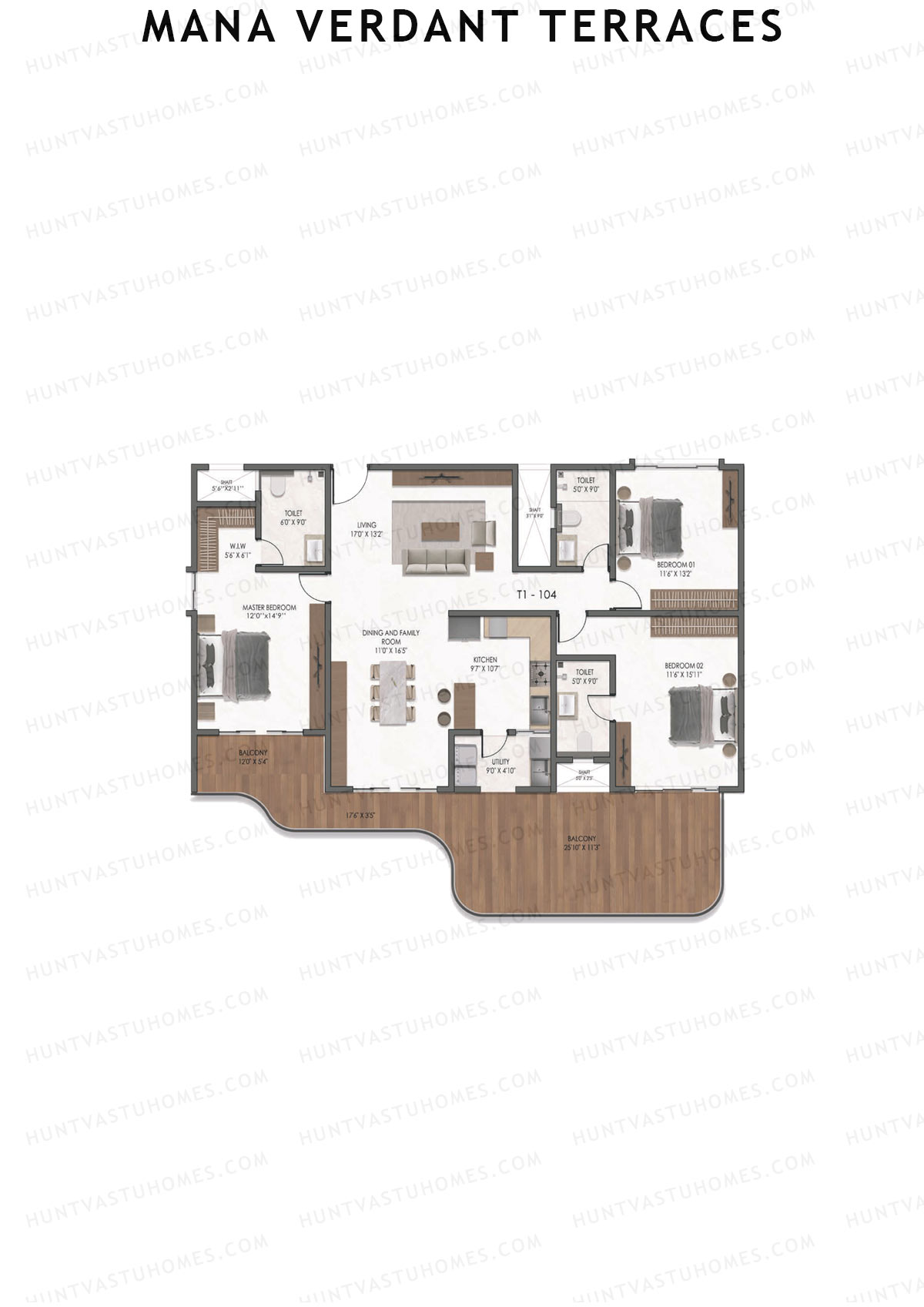 Mana Verdant Terraces, Tower 1, Unit 4, 3BHK, Super Area 2519   sq ft 