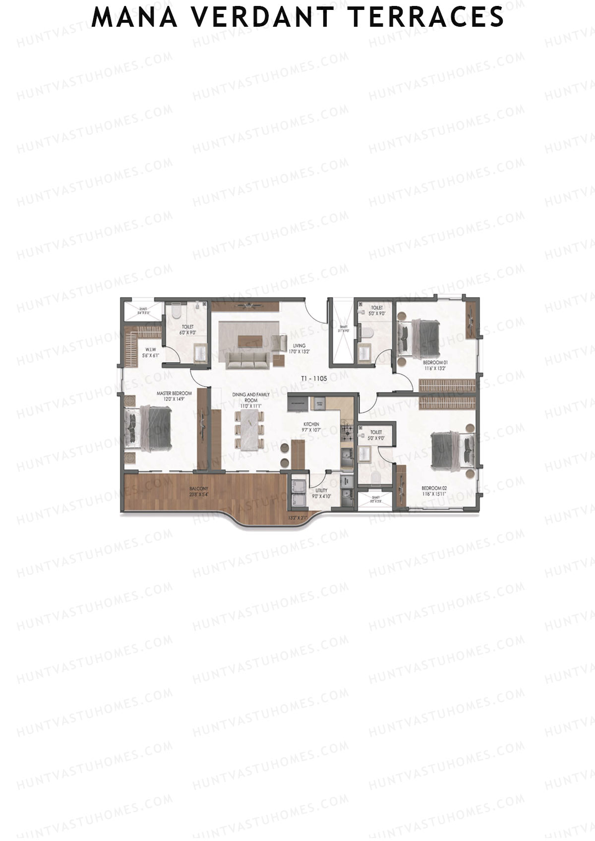 Mana Verdant Terraces, Tower 1, Unit 5, 3BHK, Super Area 2112   sq ft 