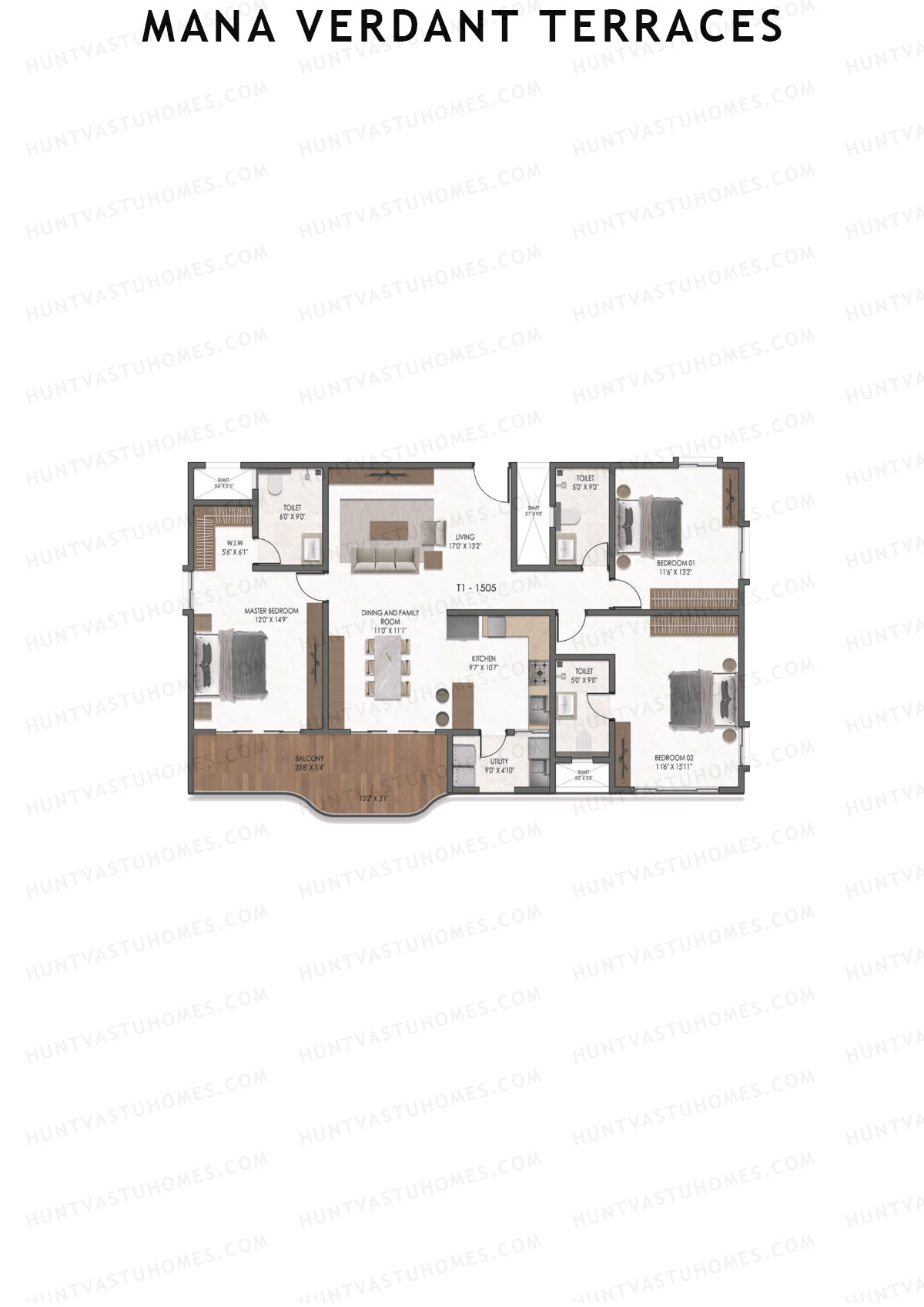 Mana Verdant Terraces, Tower 1, Unit 5, 3BHK, Super Area 2112   sq ft 