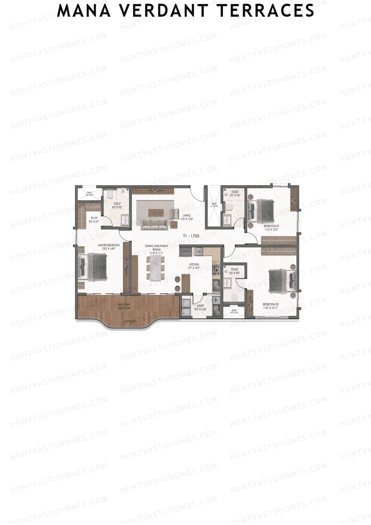 Mana Verdant Terraces, Tower 1, Unit 5, 3BHK, Super Area 2112   sq ft 