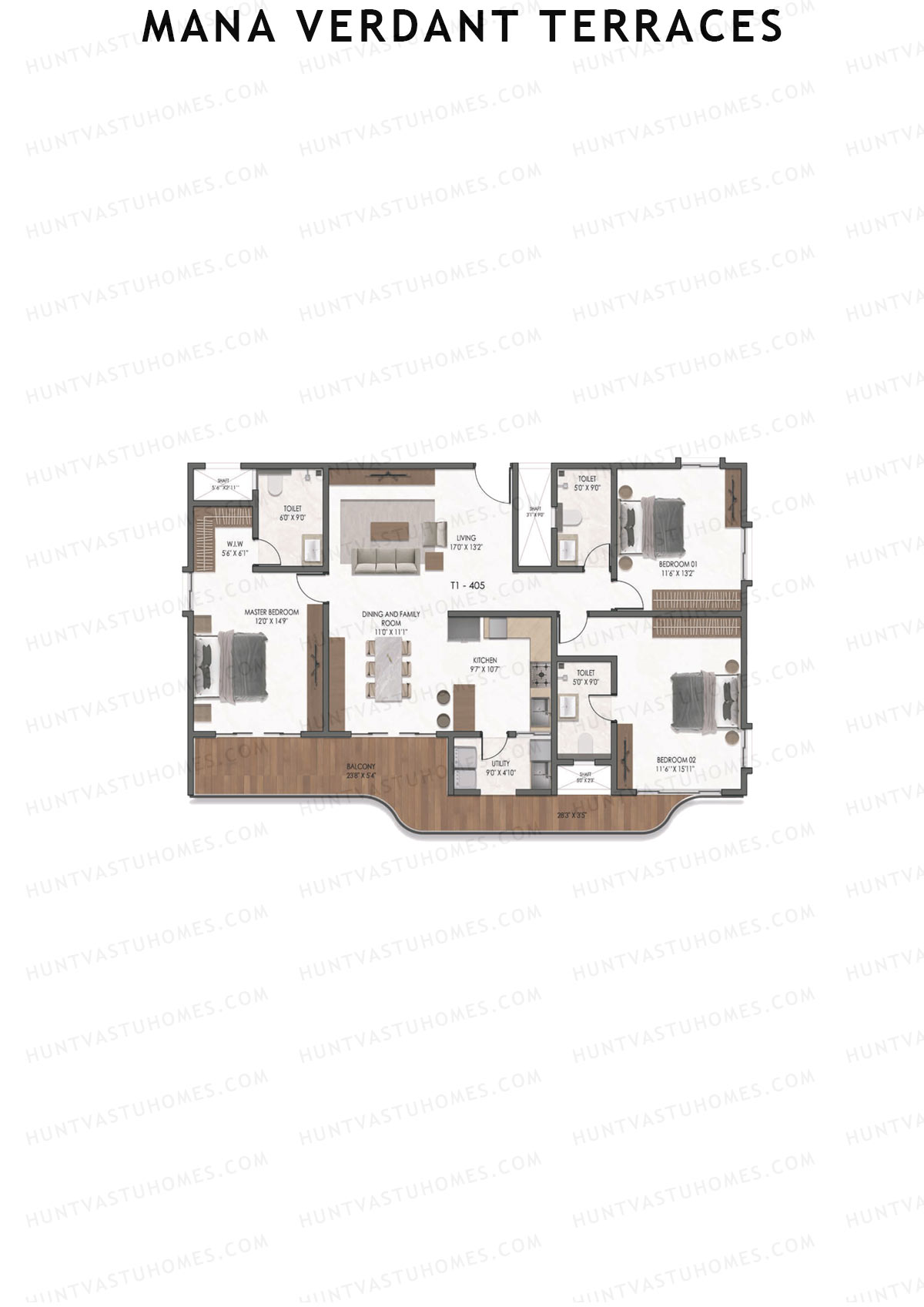 Mana Verdant Terraces, Tower 1, Unit 5, 3BHK, Super Area 2199   sq ft 