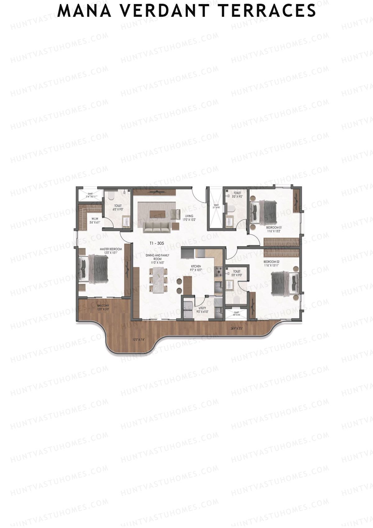Mana Verdant Terraces, Tower 1, Unit 5, 3BHK, Super Area 2316   sq ft 