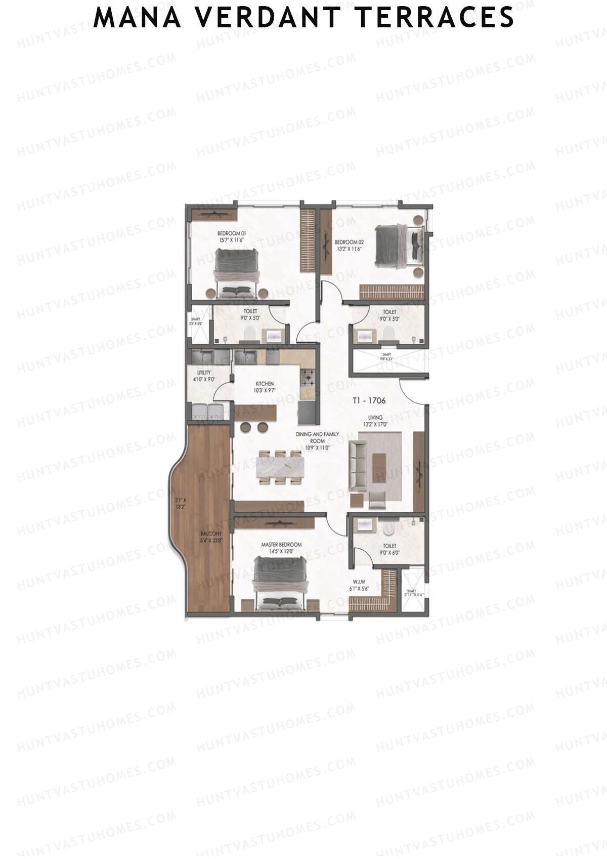 Mana Verdant Terraces, Tower 1, Unit 6, 3BHK, Super Area 2088   sq ft 