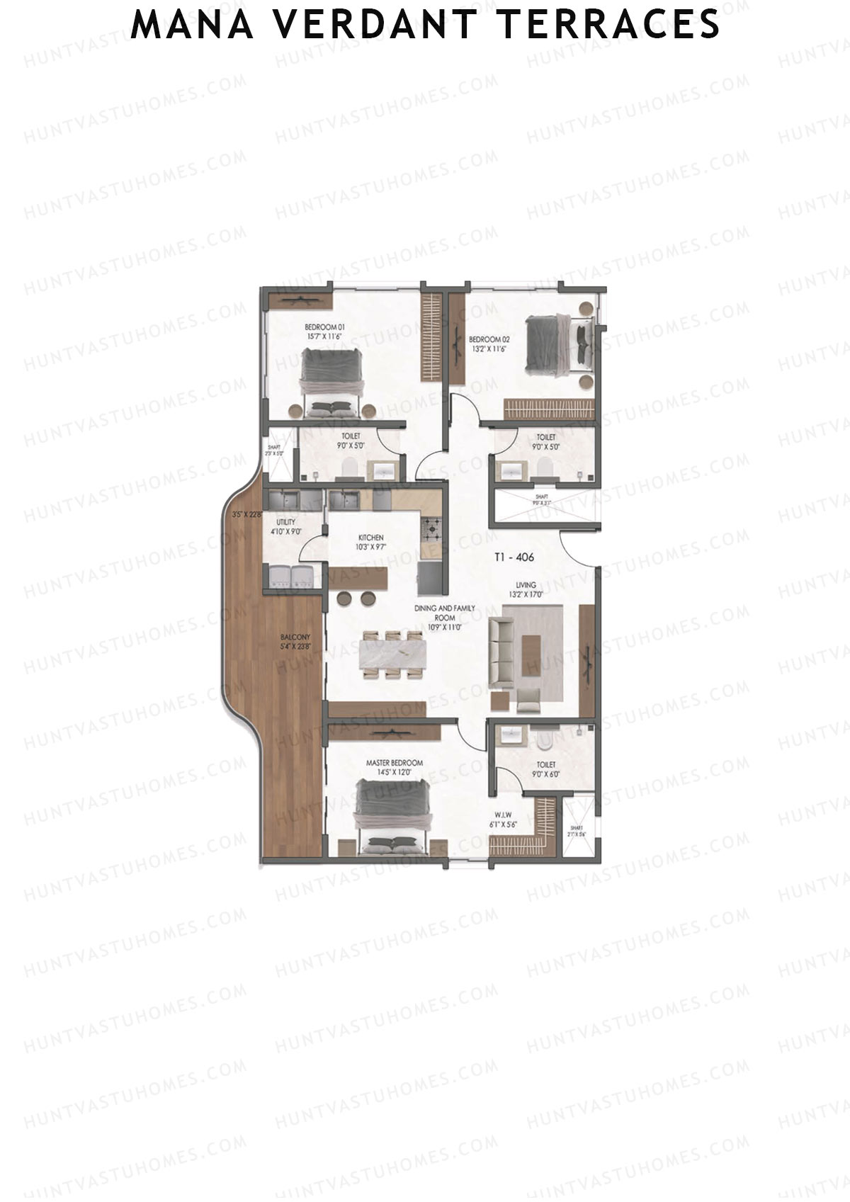 Mana Verdant Terraces, Tower 1, Unit 6, 3BHK, Super Area 2151   sq ft 