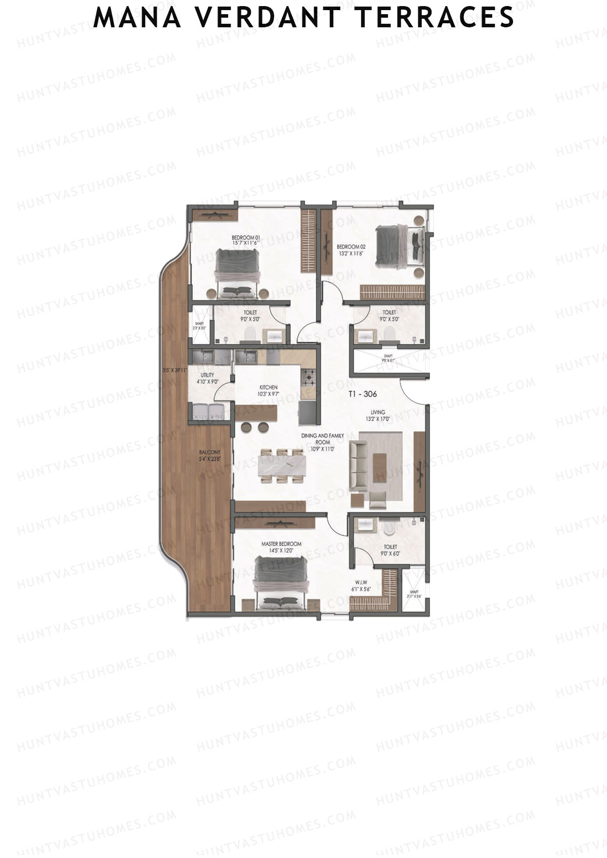Mana Verdant Terraces, Tower 1, Unit 6, 3BHK, Super Area 2229   sq ft 
