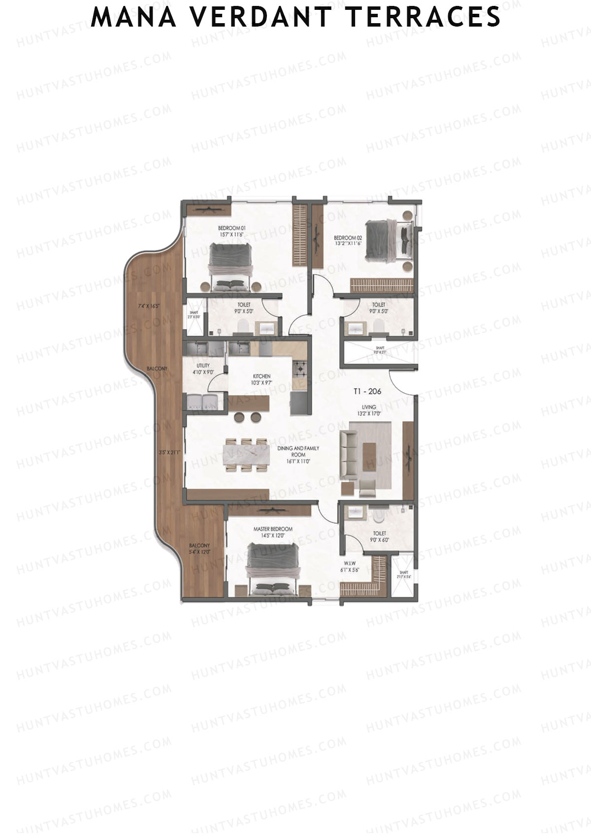 Mana Verdant Terraces, Tower 1, Unit 6, 3BHK, Super Area 2315   sq ft 