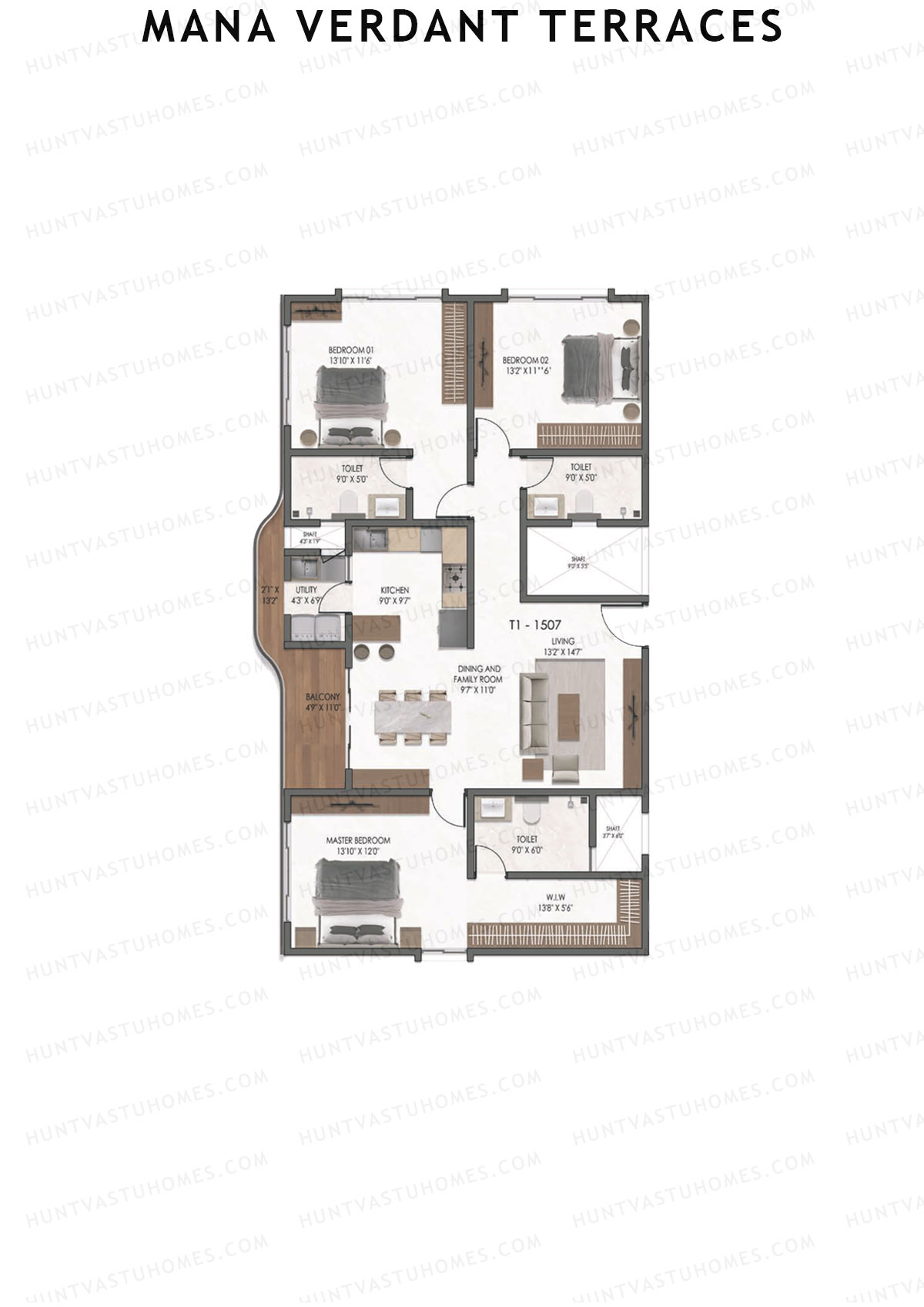 Mana Verdant Terraces, Tower 1, Unit 7, 3BHK, Super Area 1935   sq ft 