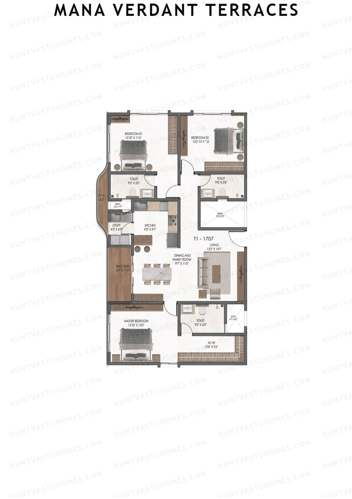 Mana Verdant Terraces, Tower 1, Unit 7, 3BHK, Super Area 1935   sq ft 