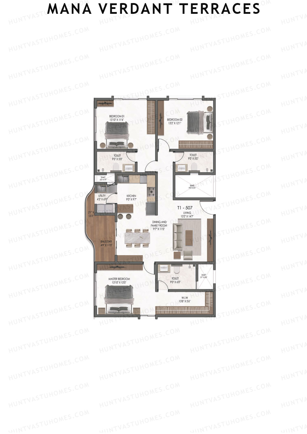 Mana Verdant Terraces, Tower 1, Unit 7, 3BHK, Super Area 1935   sq ft 