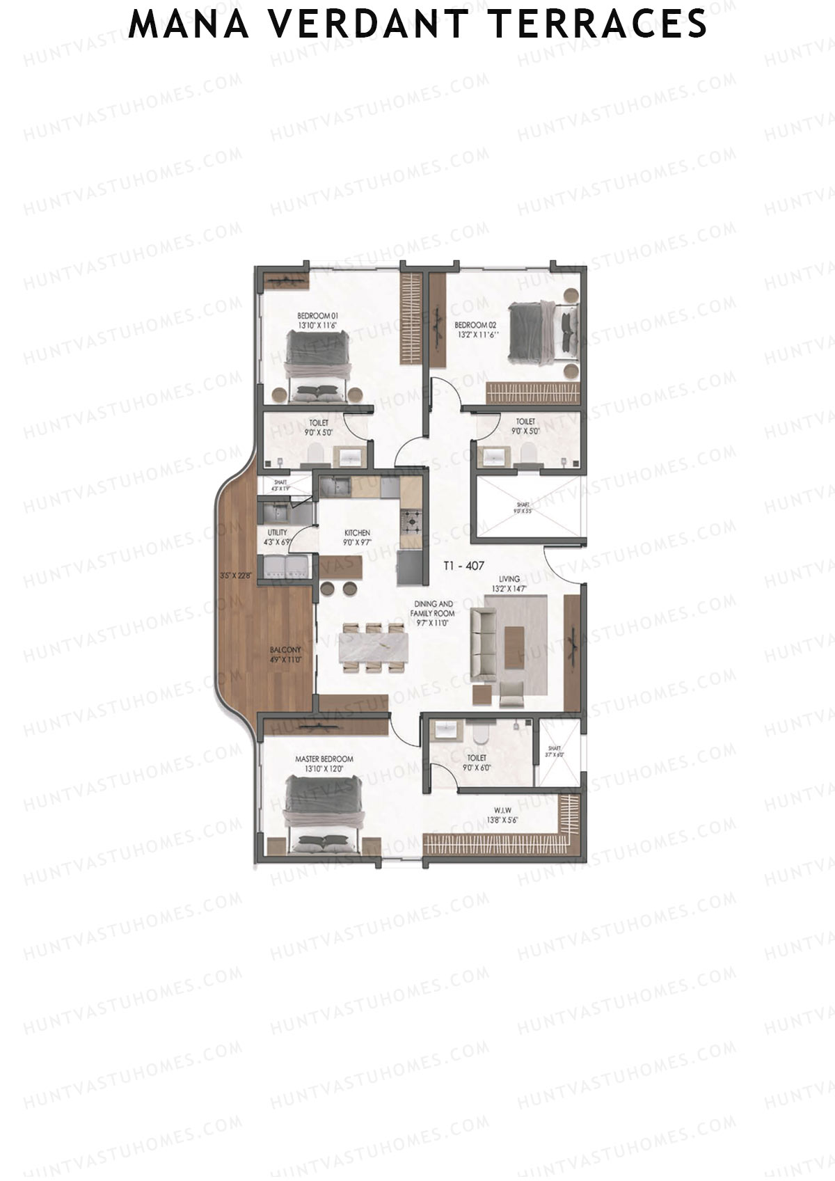 Mana Verdant Terraces, Tower 1, Unit 7, 3BHK, Super Area 1998   sq ft 