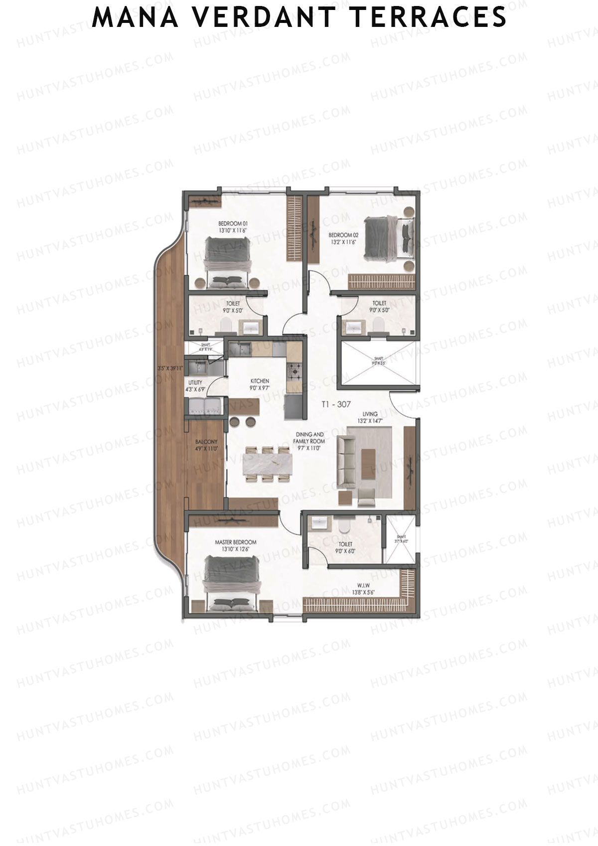 Mana Verdant Terraces, Tower 1, Unit 7, 3BHK, Super Area 2076   sq ft 