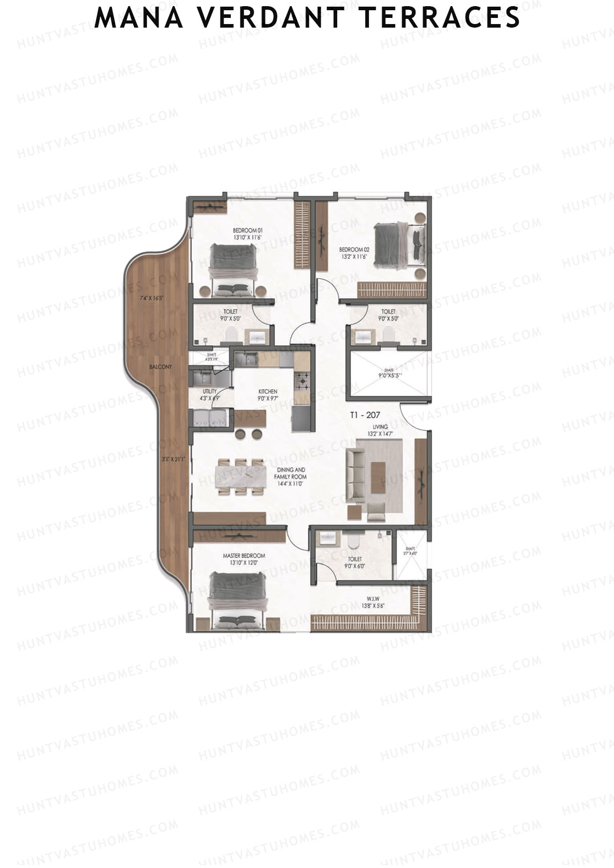 Mana Verdant Terraces, Tower 1, Unit 7, 3BHK, Super Area 2162   sq ft 