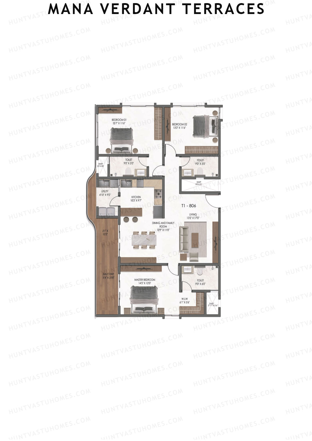 Mana Verdant Terraces, Tower 1, Unit 8, 3BHK, Super Area 2088   sq ft 