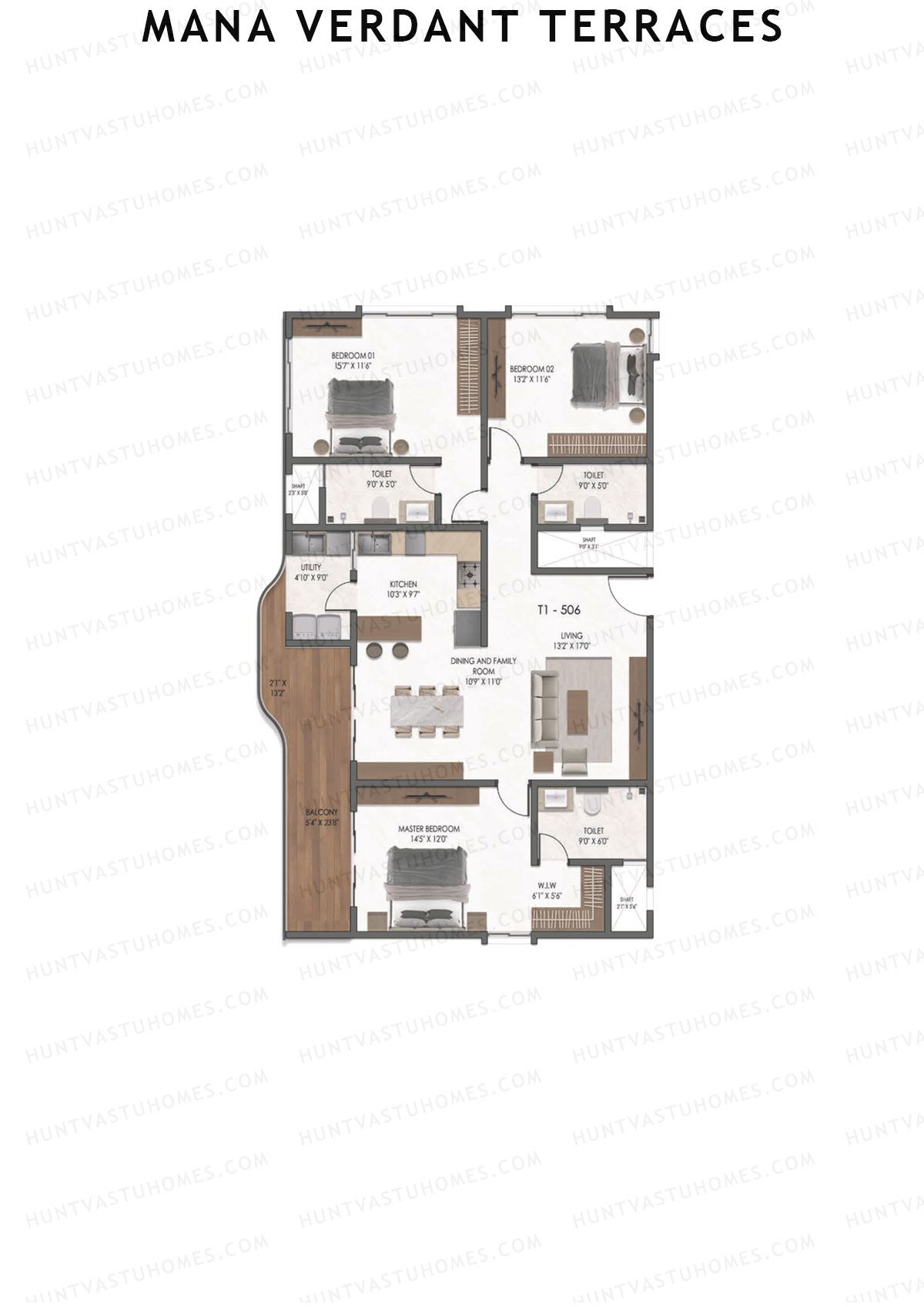 Mana Verdant Terraces, Tower 1, Unit 8, 3BHK, Super Area 2088   sq ft 