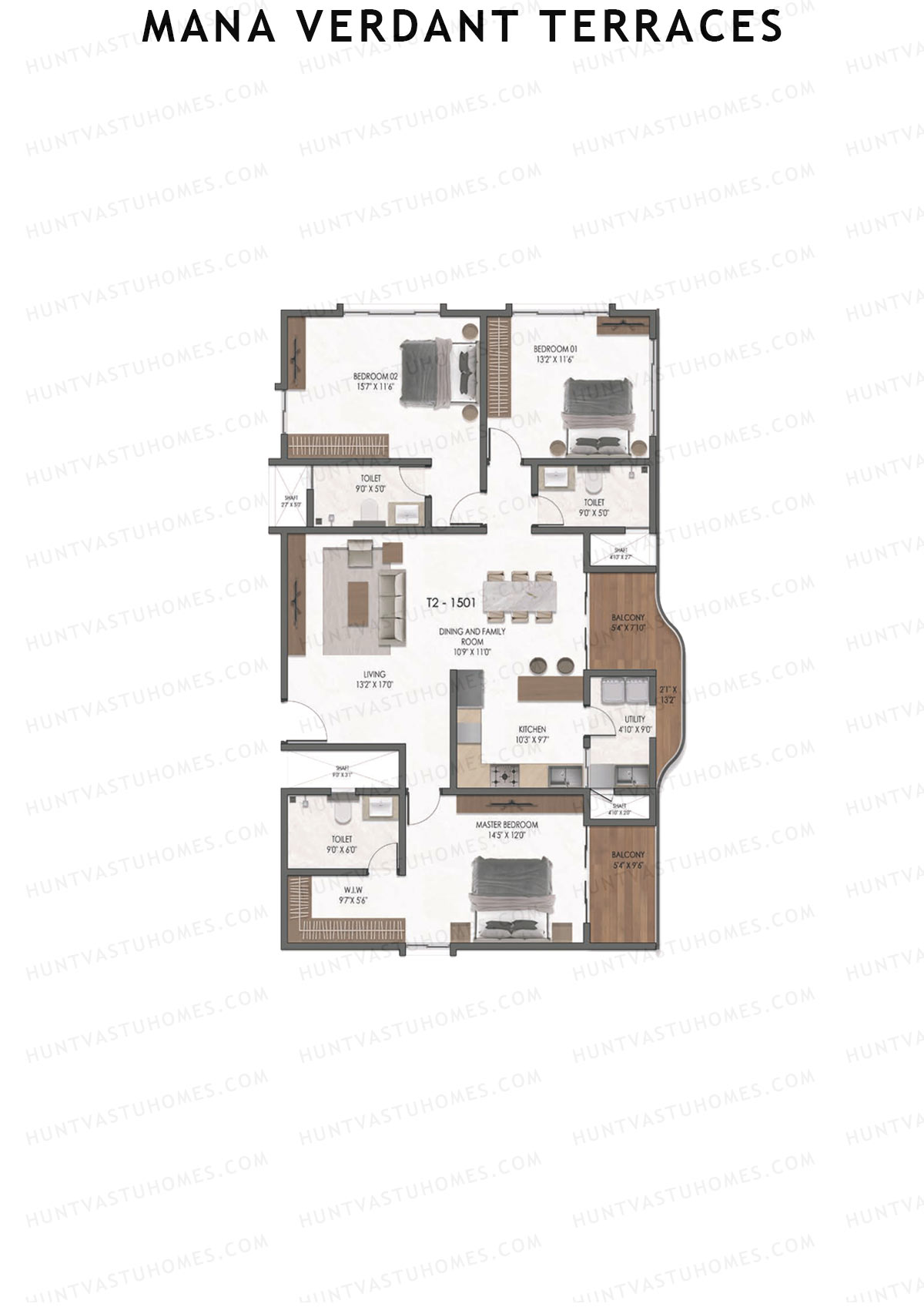Mana Verdant Terraces, Tower 2, Unit 1, 3BHK, Super Area 2086   sq ft 