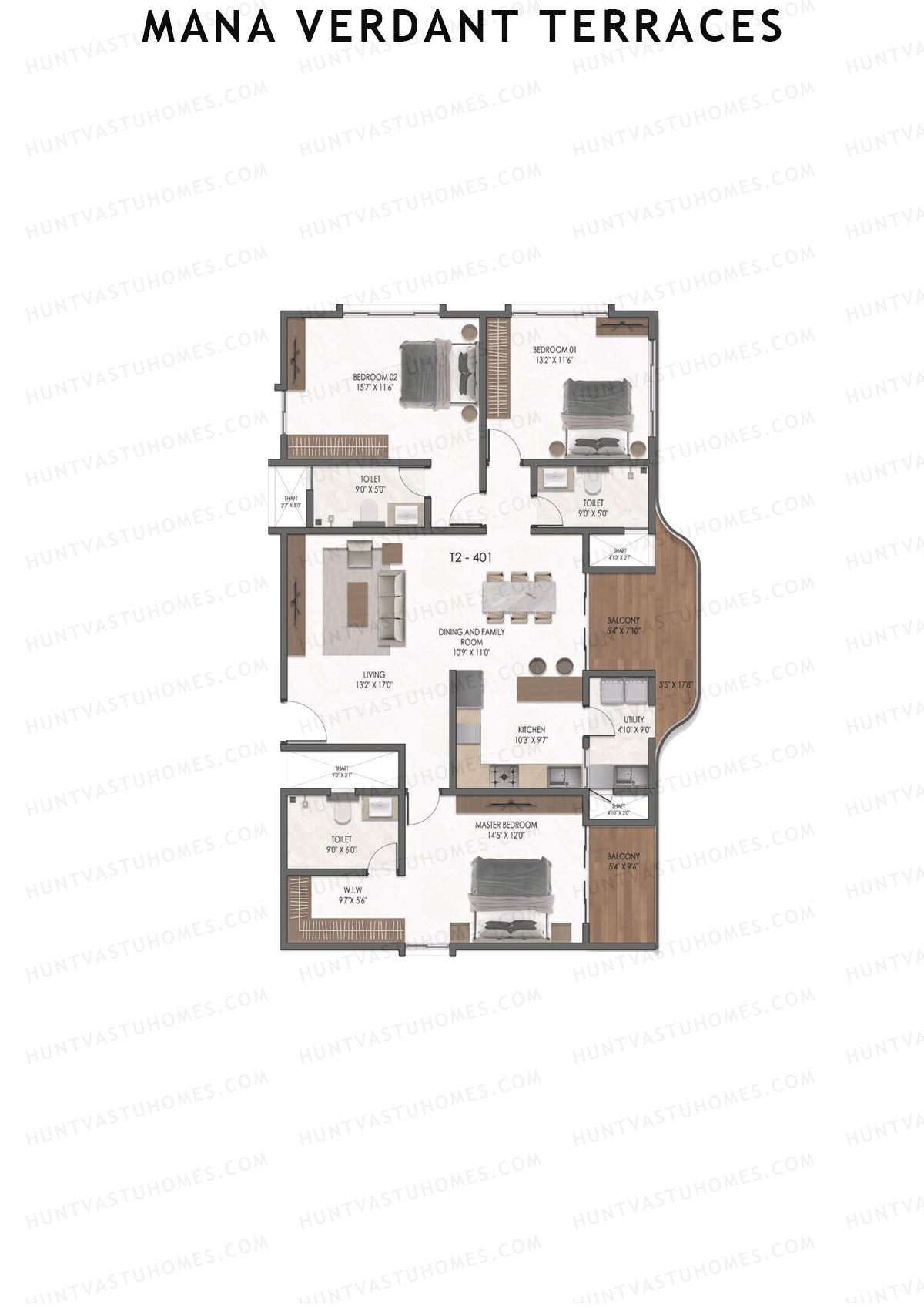 Mana Verdant Terraces, Tower 2, Unit 1, 3BHK, Super Area 2126   sq ft 