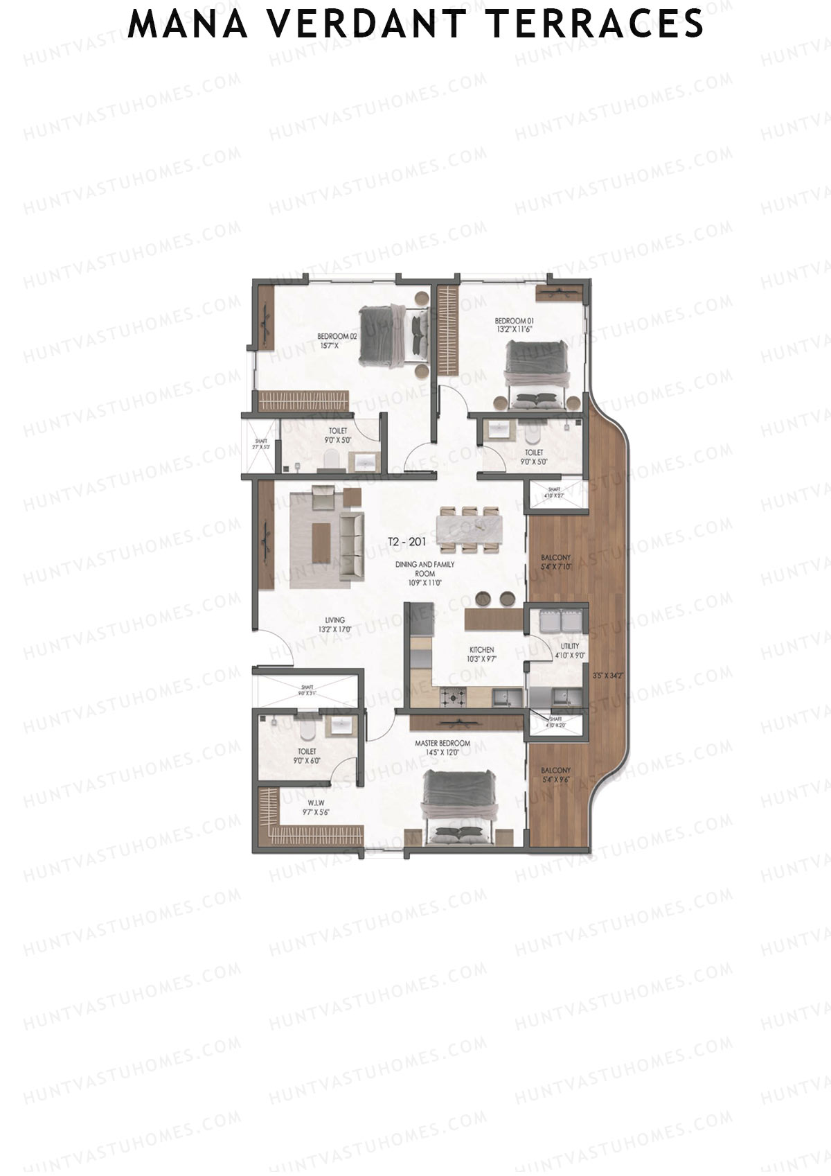 Mana Verdant Terraces, Tower 2, Unit 1, 3BHK, Super Area 2216   sq ft 