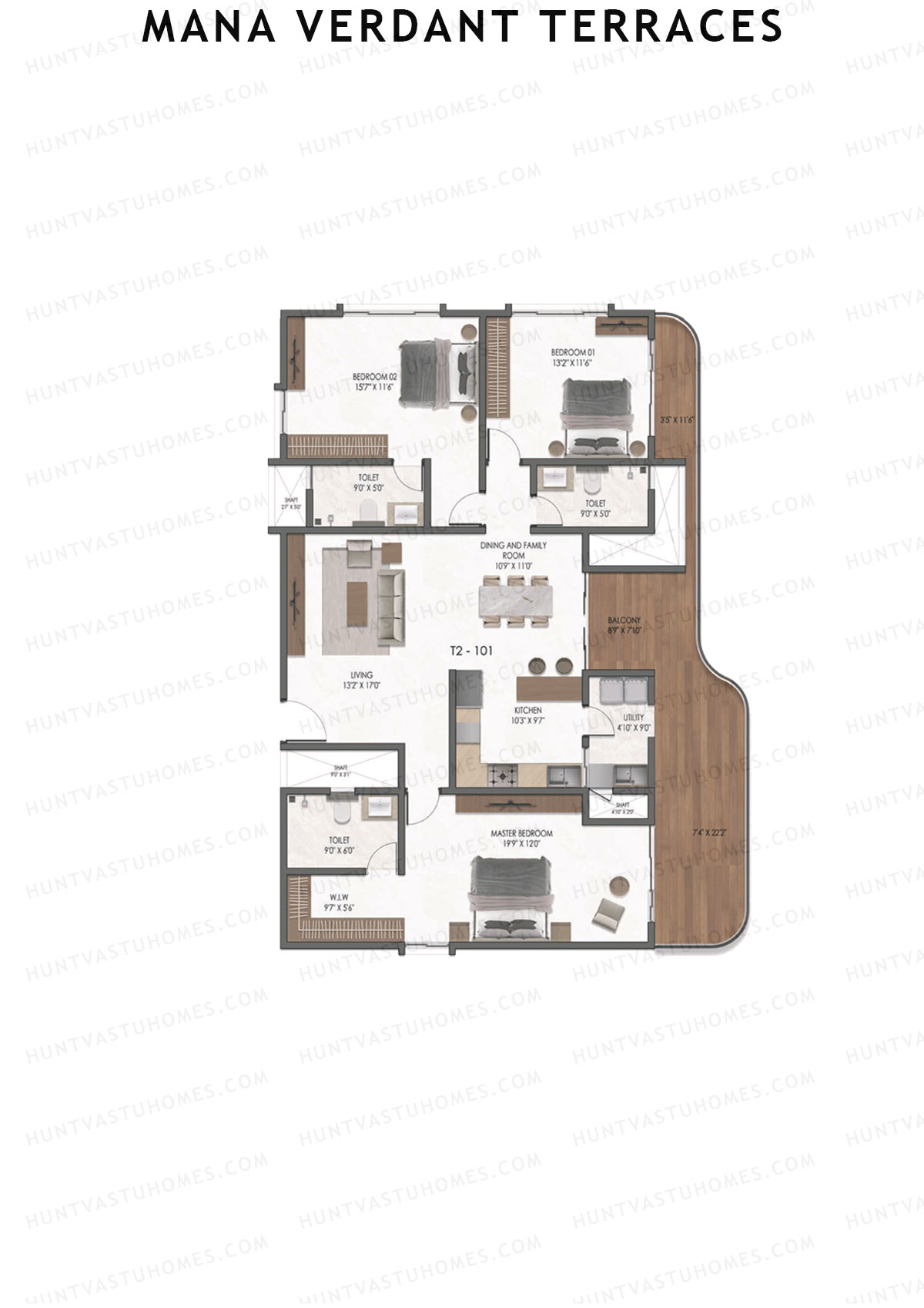 Mana Verdant Terraces, Tower 2, Unit 1, 3BHK, Super Area 2379   sq ft 