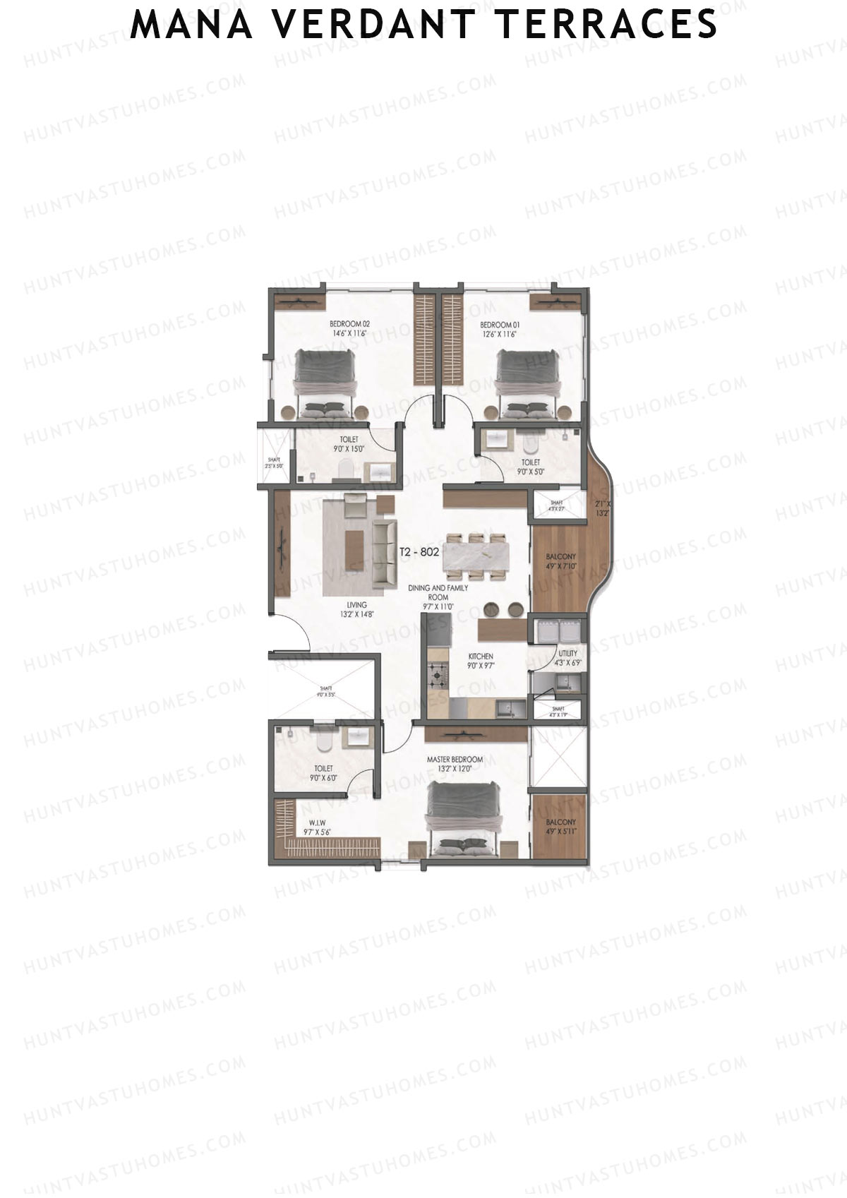 Mana Verdant Terraces, Tower 2, Unit 2, 3BHK, Super Area 1910   sq ft 