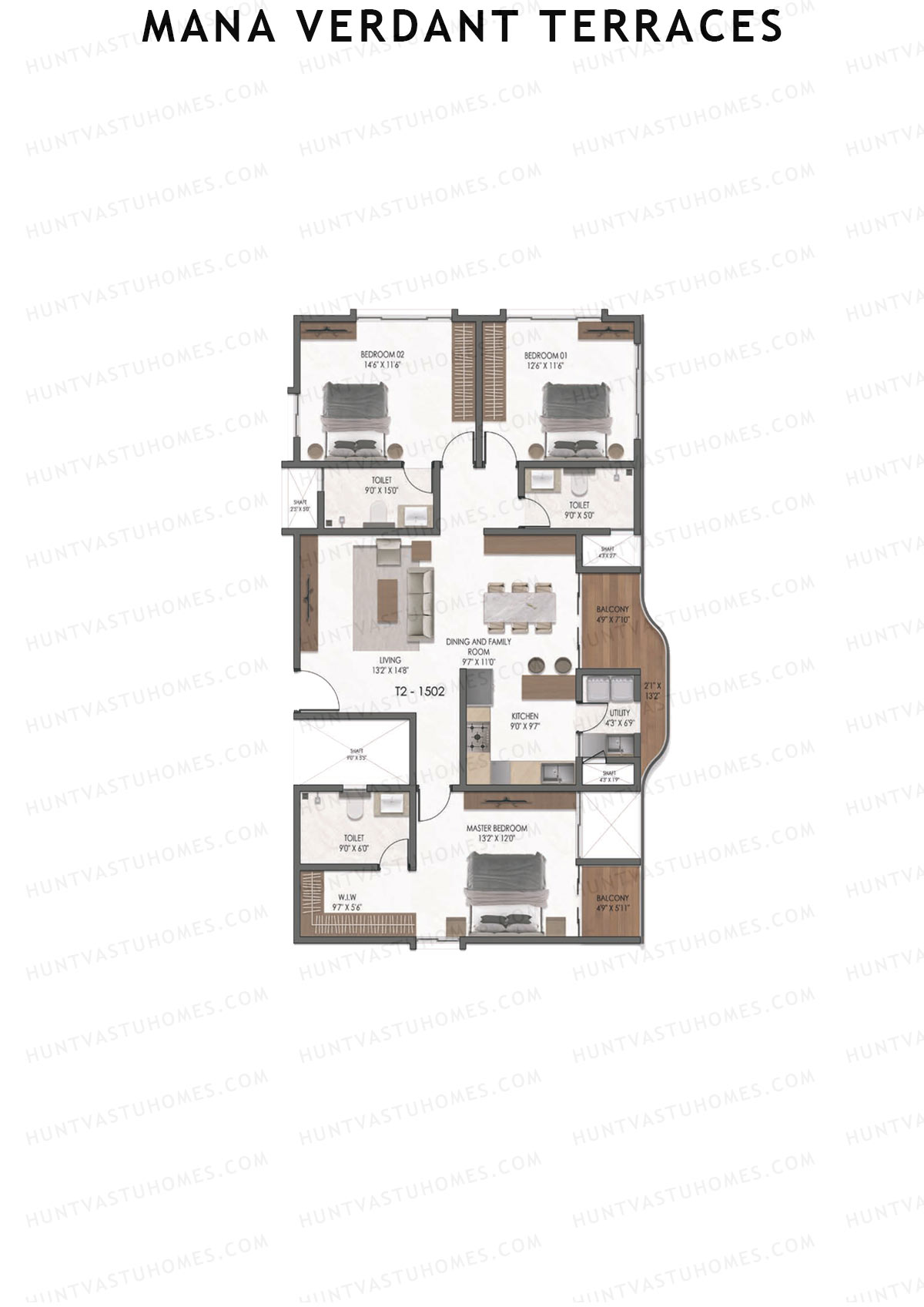 Mana Verdant Terraces, Tower 2, Unit 2, 3BHK, Super Area 1910   sq ft 