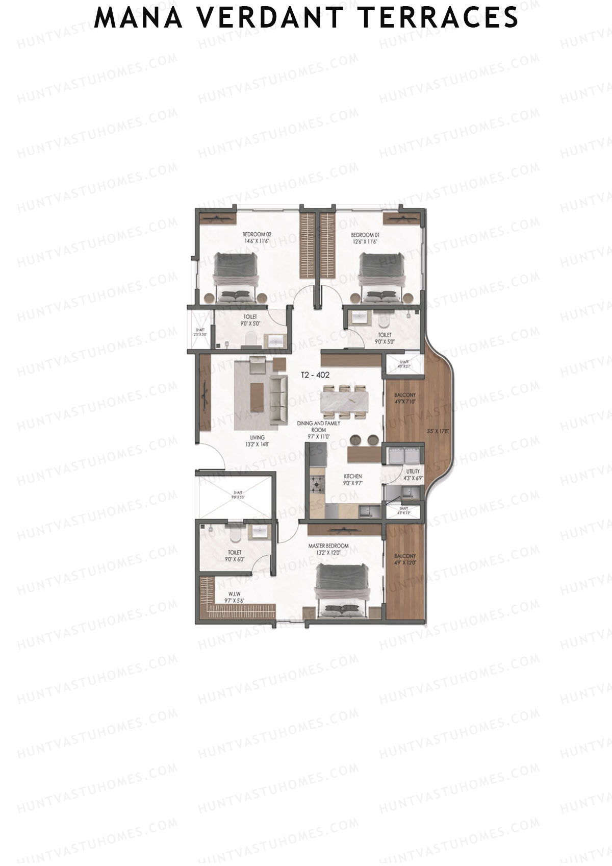 Mana Verdant Terraces, Tower 2, Unit 2, 3BHK, Super Area 1981   sq ft 