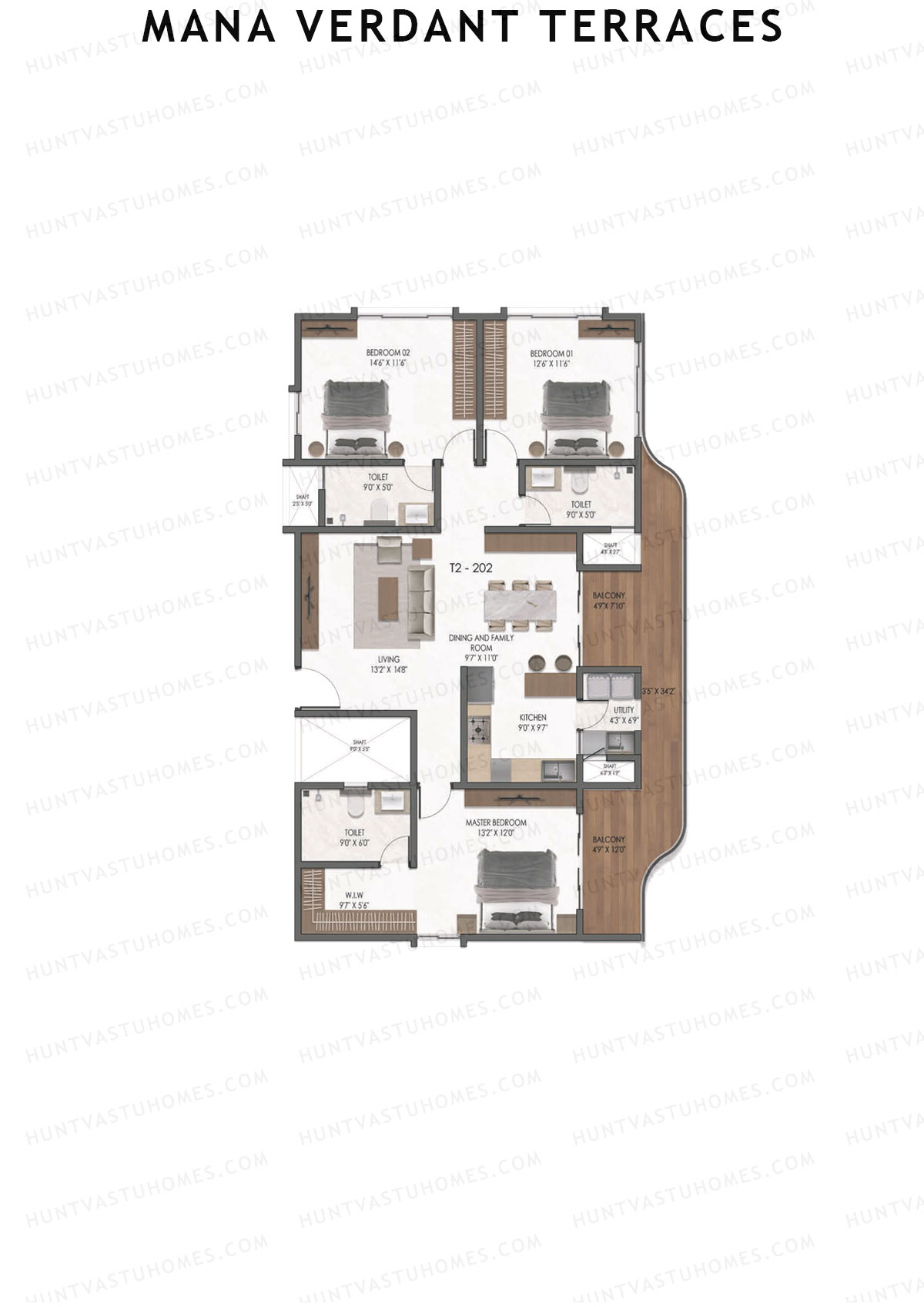 Mana Verdant Terraces, Tower 2, Unit 2, 3BHK, Super Area 2063   sq ft 