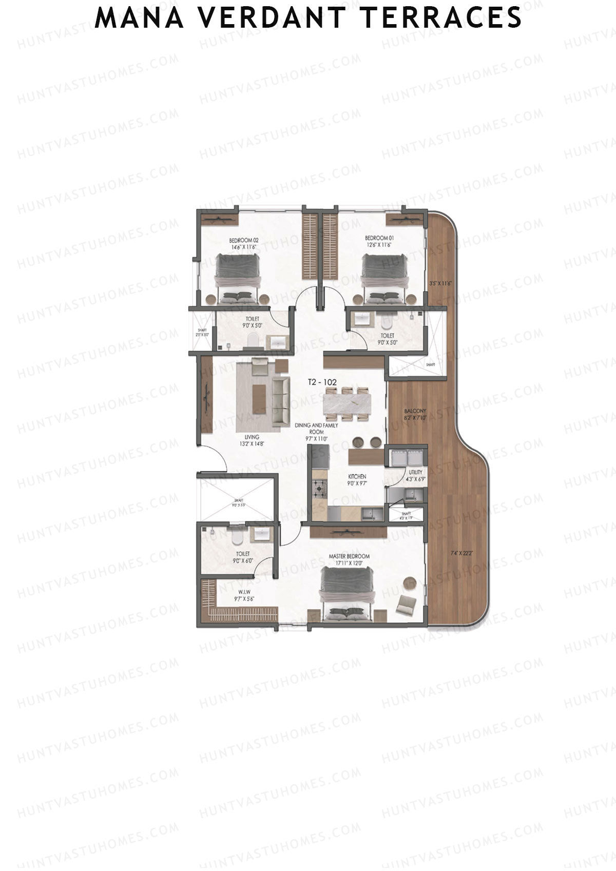 Mana Verdant Terraces, Tower 2, Unit 2, 3BHK, Super Area 2235   sq ft 