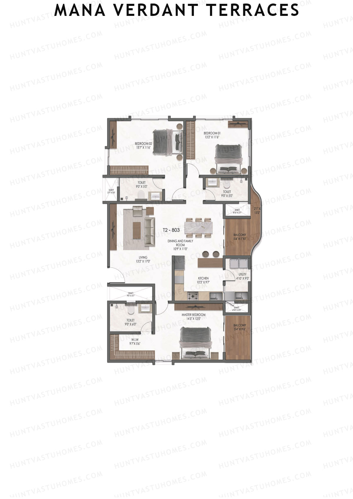 Mana Verdant Terraces, Tower 2, Unit 3, 3BHK, Super Area 2086   sq ft 