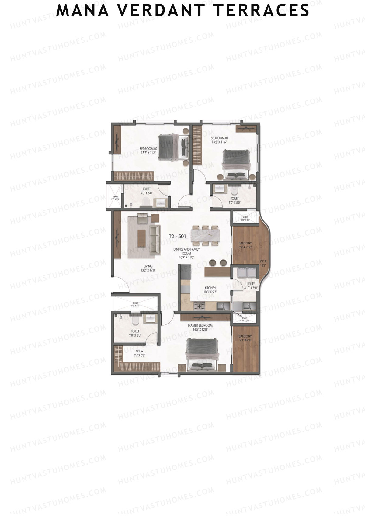 Mana Verdant Terraces, Tower 2, Unit 3, 3BHK, Super Area 2086   sq ft 