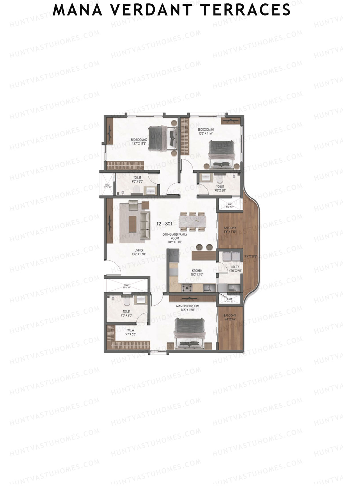 Mana Verdant Terraces, Tower 2, Unit 3, 3BHK, Super Area 2149   sq ft 