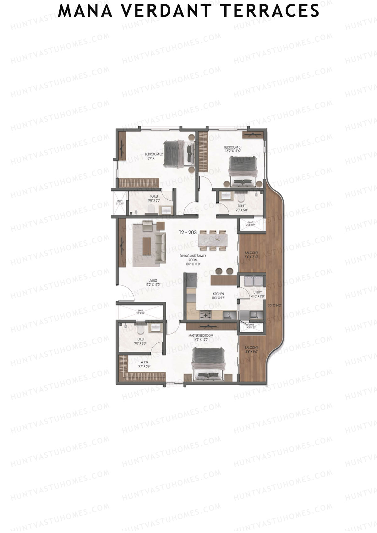 Mana Verdant Terraces, Tower 2, Unit 3, 3BHK, Super Area 2214   sq ft 