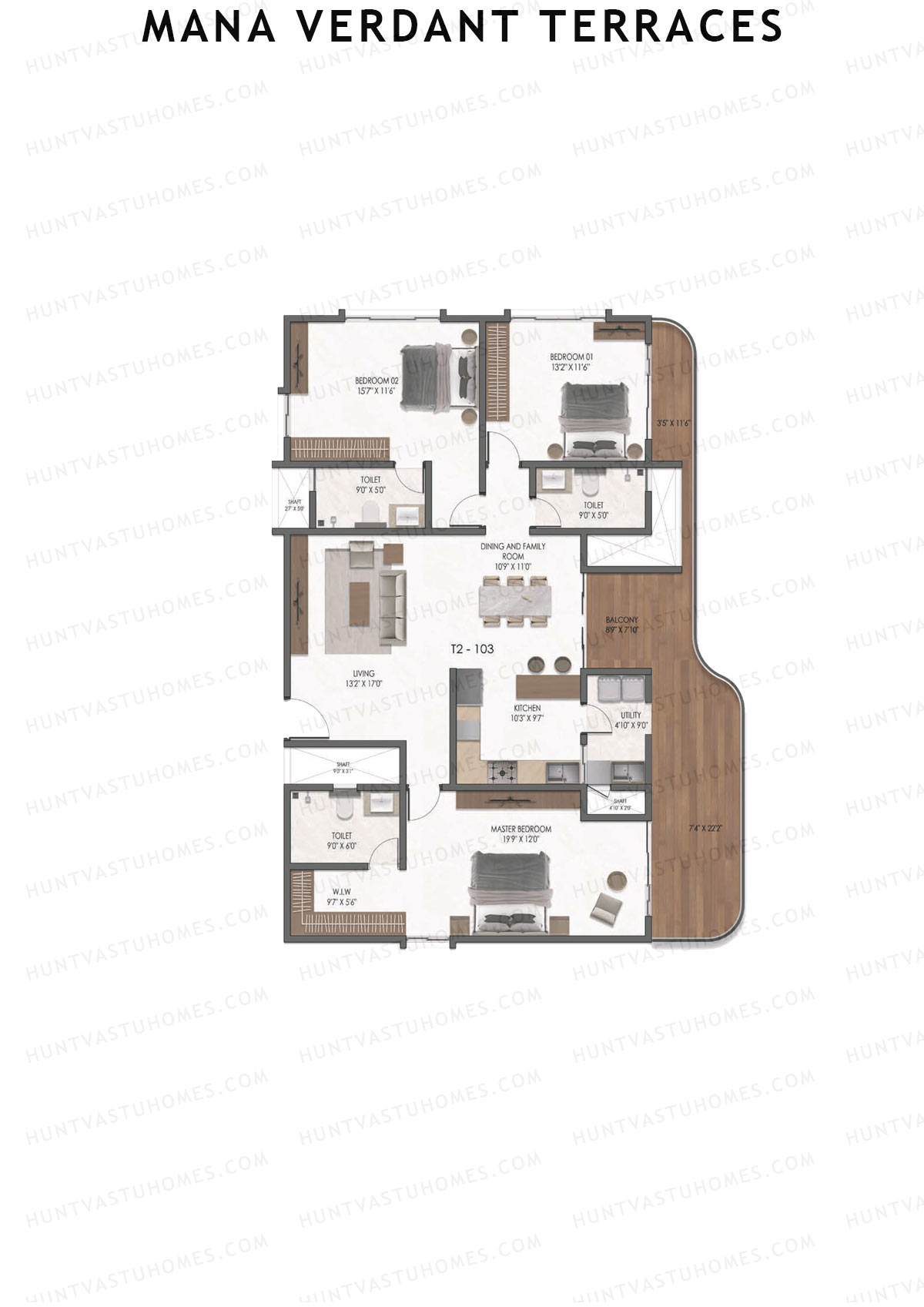 Mana Verdant Terraces, Tower 2, Unit 3, 3BHK, Super Area 2377   sq ft 