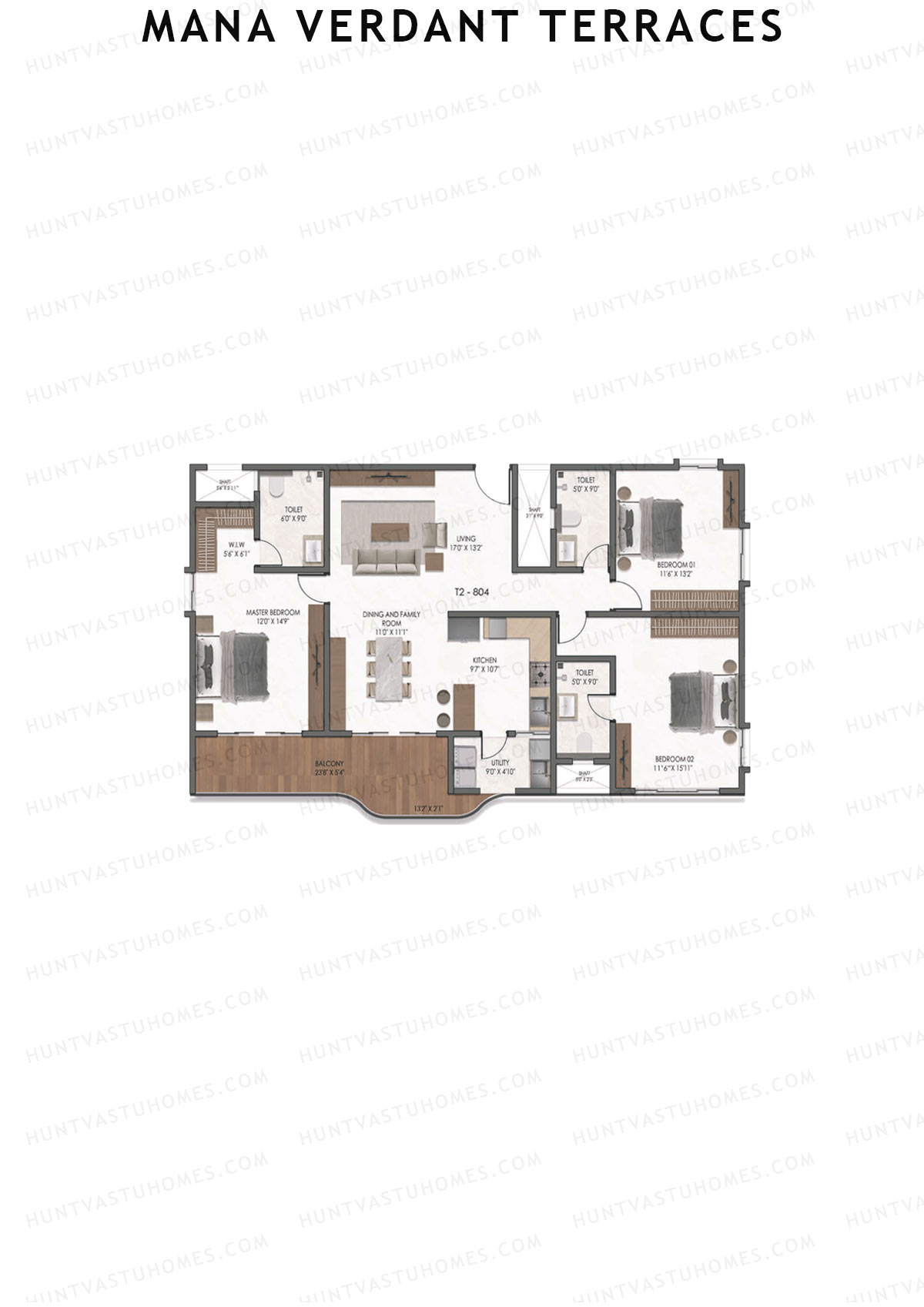 Mana Verdant Terraces, Tower 2, Unit 4, 3BHK, Super Area 2112   sq ft 