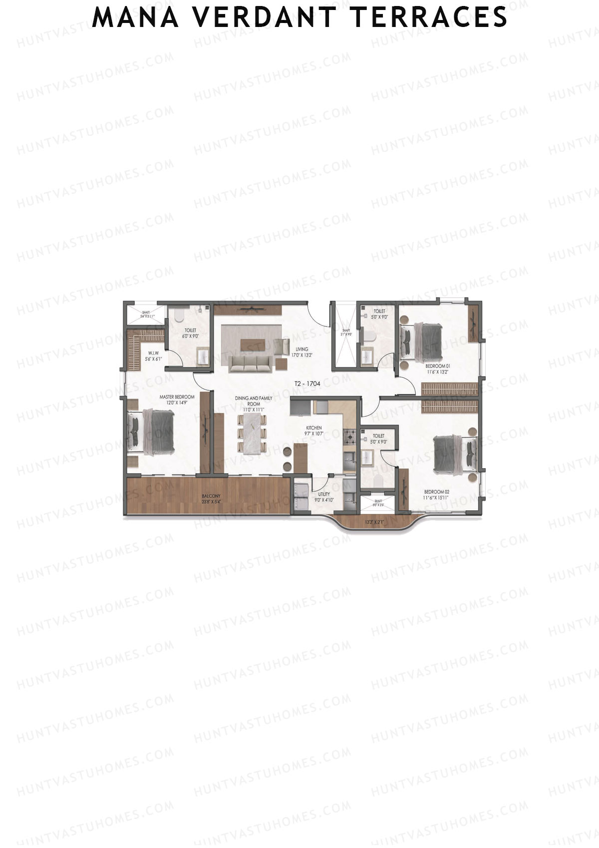 Mana Verdant Terraces, Tower 2, Unit 4, 3BHK, Super Area 2112   sq ft 