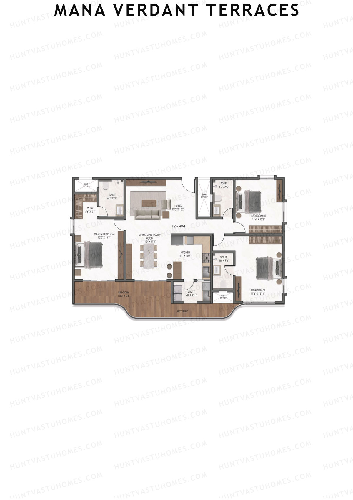 Mana Verdant Terraces, Tower 2, Unit 4, 3BHK, Super Area 2200   sq ft 
