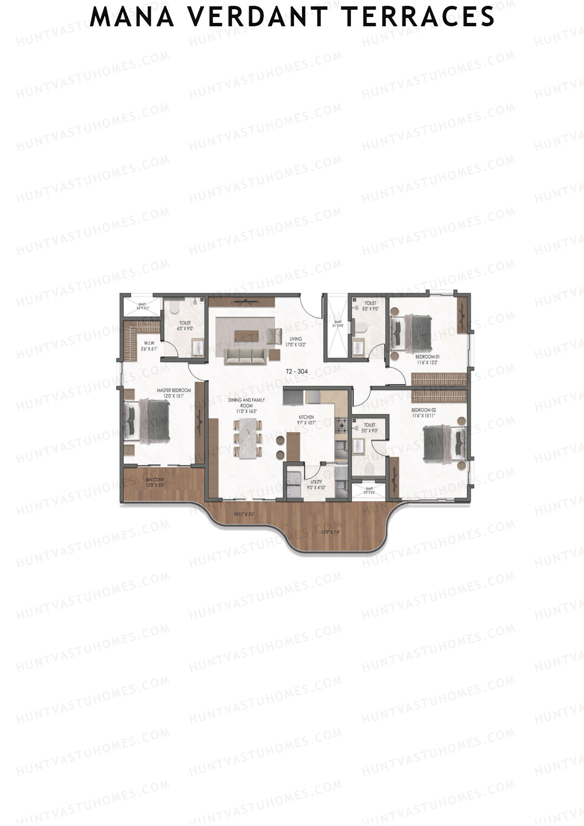 Mana Verdant Terraces, Tower 2, Unit 4, 3BHK, Super Area 2282   sq ft 