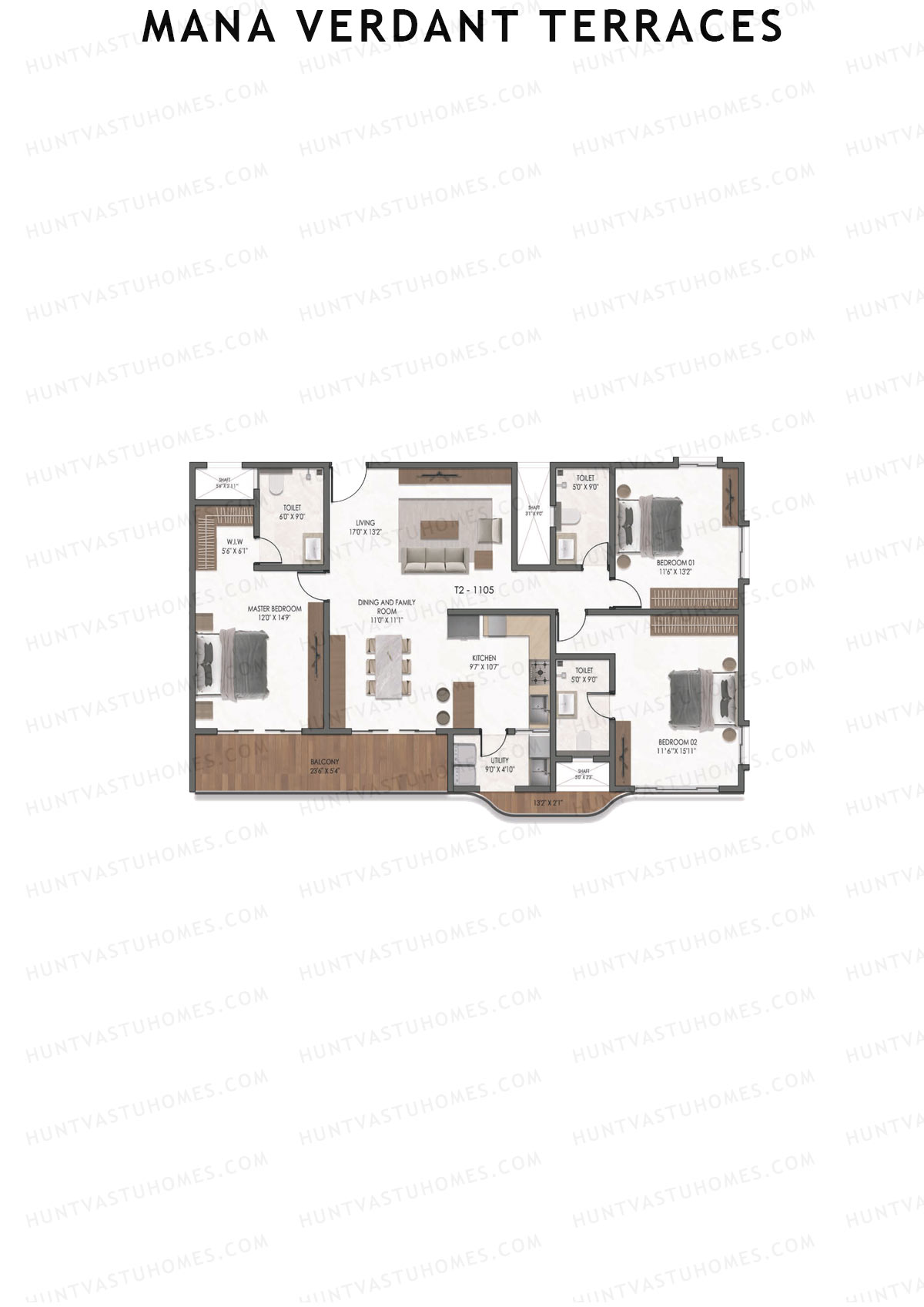 Mana Verdant Terraces, Tower 2, Unit 5, 3BHK, Super Area 2090   sq ft 
