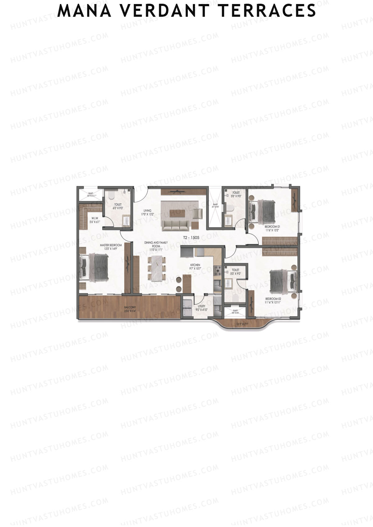 Mana Verdant Terraces, Tower 2, Unit 5, 3BHK, Super Area 2090   sq ft 