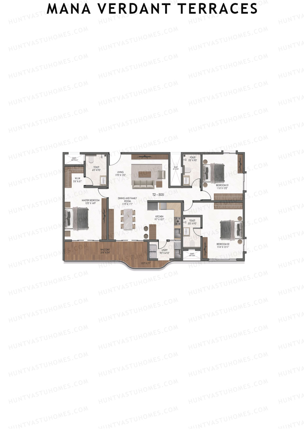 Mana Verdant Terraces, Tower 2, Unit 5, 3BHK, Super Area 2090   sq ft 