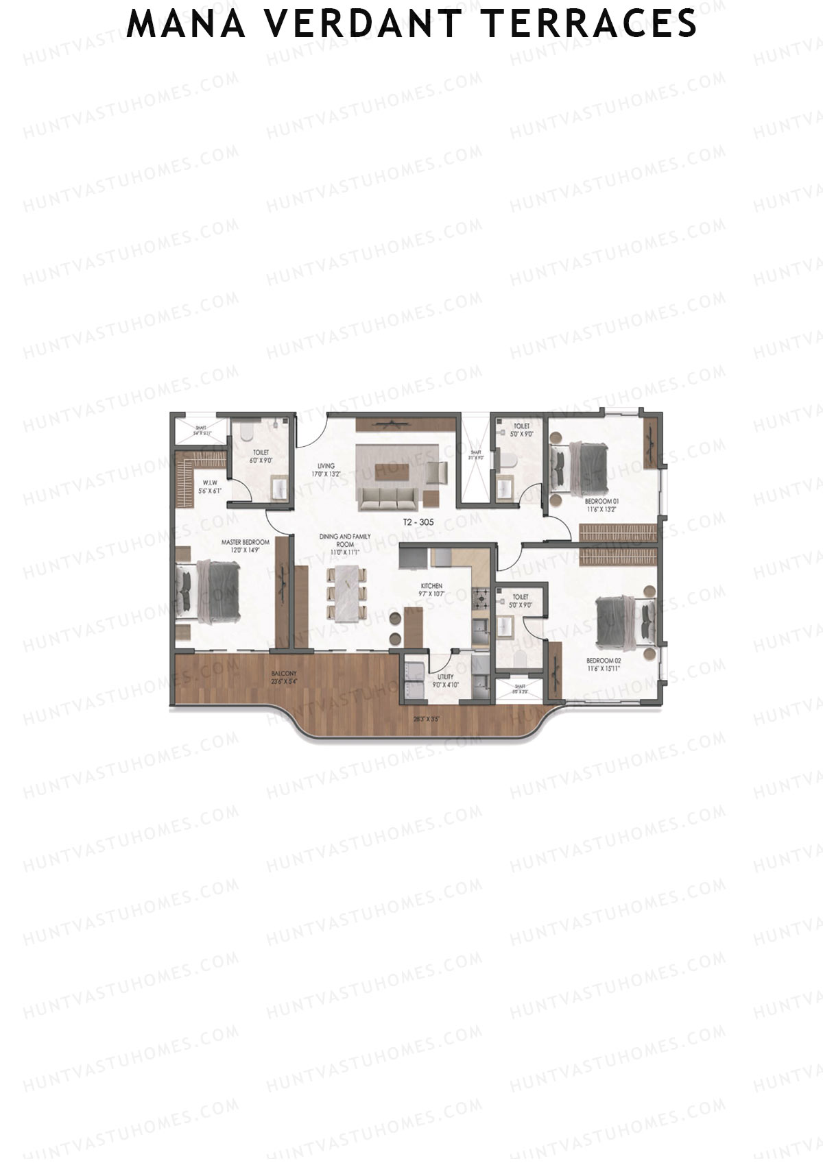 Mana Verdant Terraces, Tower 2, Unit 5, 3BHK, Super Area 2178   sq ft 