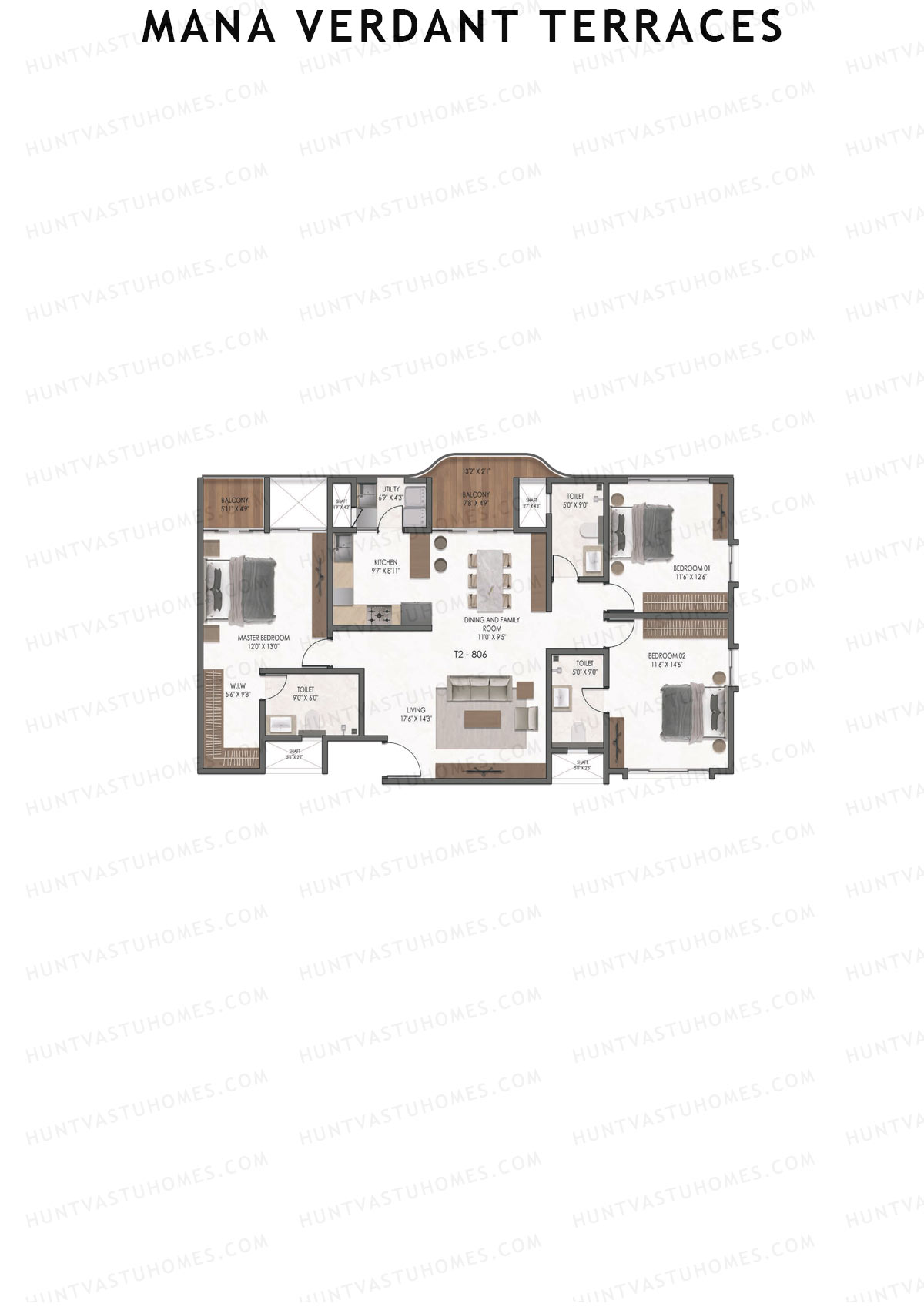 Mana Verdant Terraces, Tower 2, Unit 6, 3BHK, Super Area 1934   sq ft 