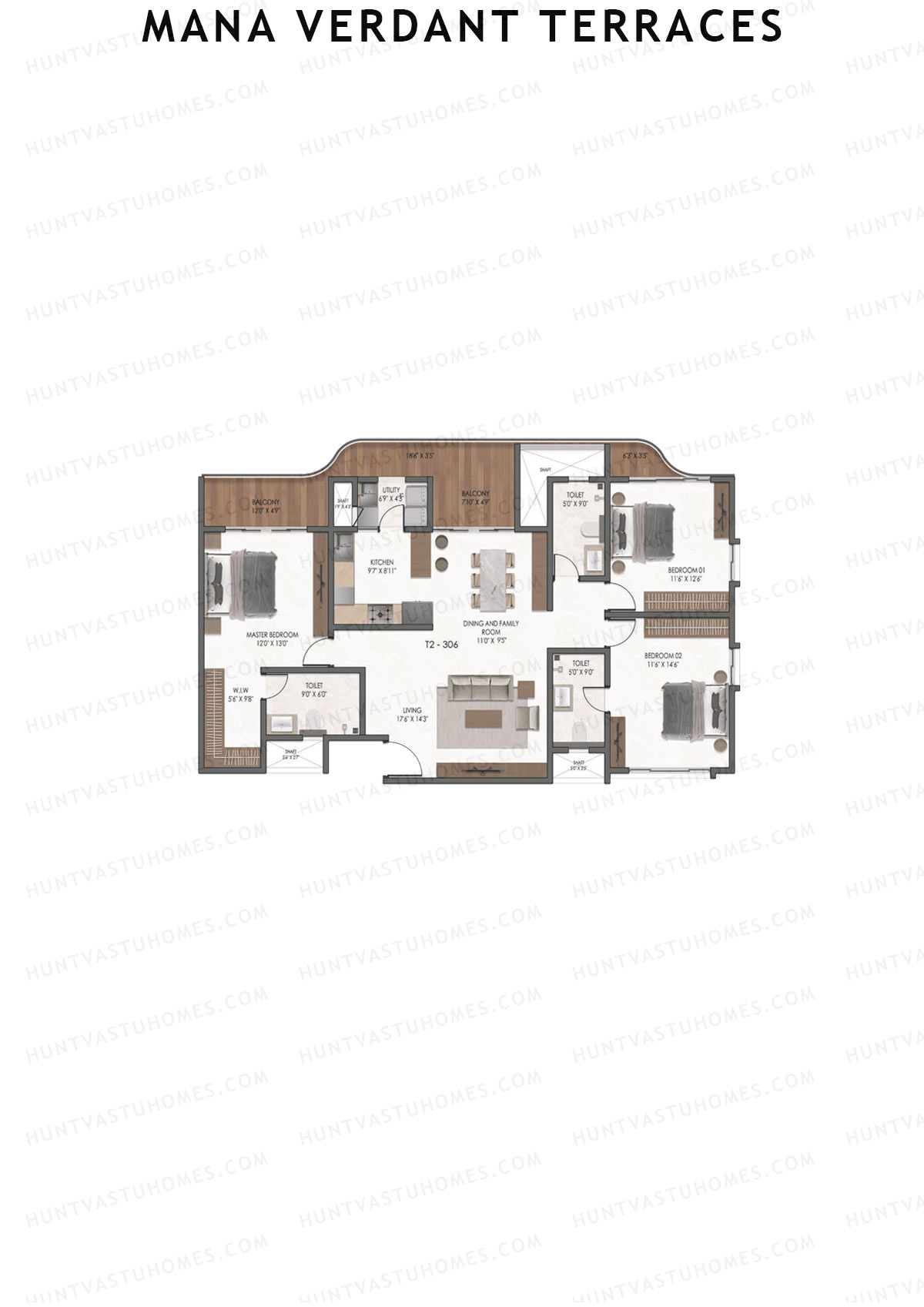 Mana Verdant Terraces, Tower 2, Unit 6, 3BHK, Super Area 2049   sq ft 