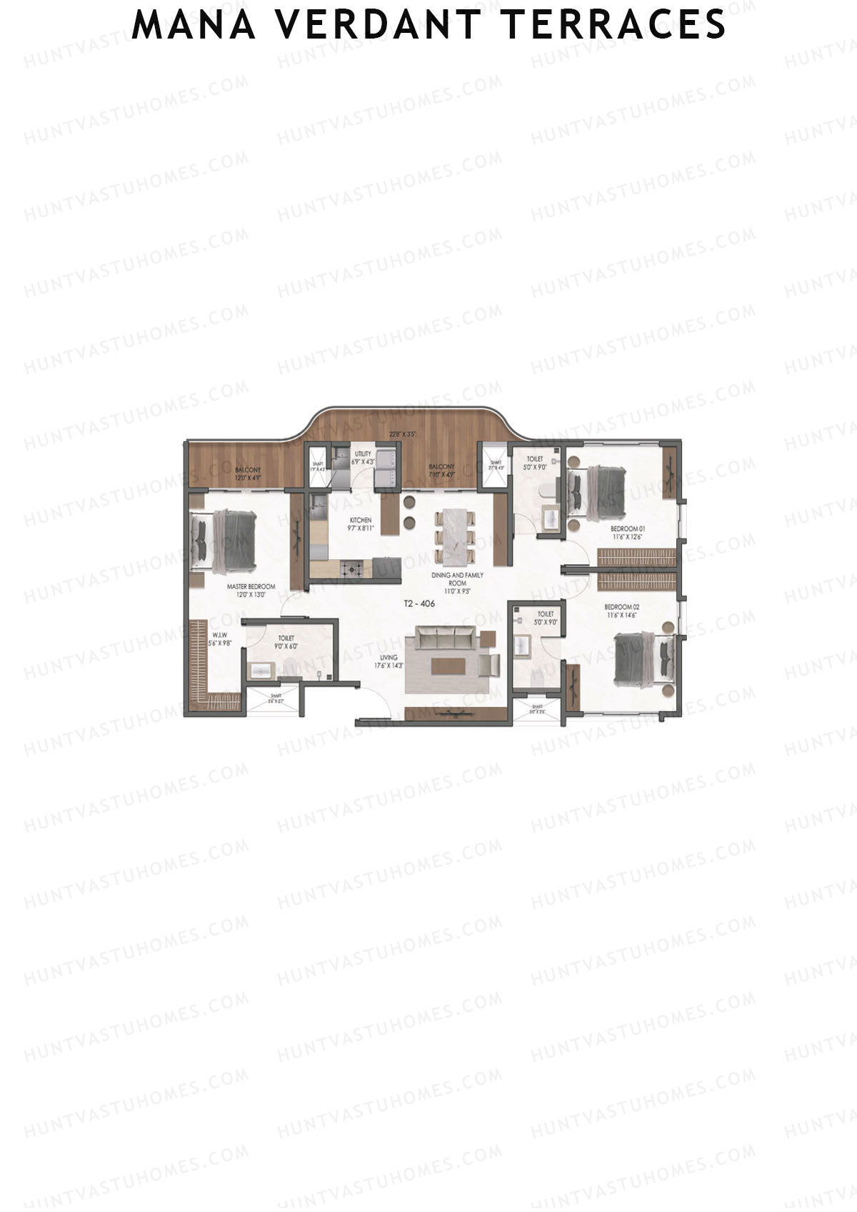 Mana Verdant Terraces, Tower 2, Unit 6, 3BHK, Super Area 2064   sq ft 
