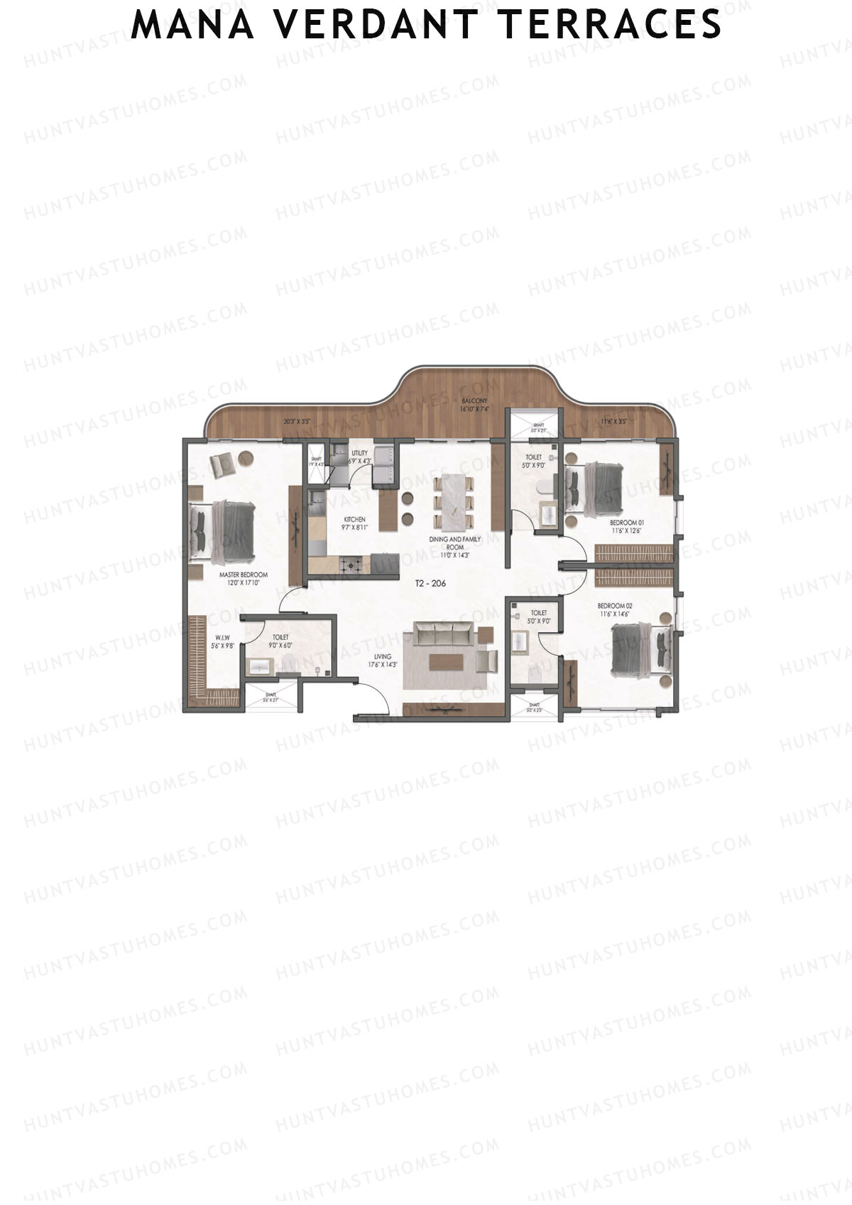 Mana Verdant Terraces, Tower 2, Unit 6, 3BHK, Super Area 2238   sq ft 