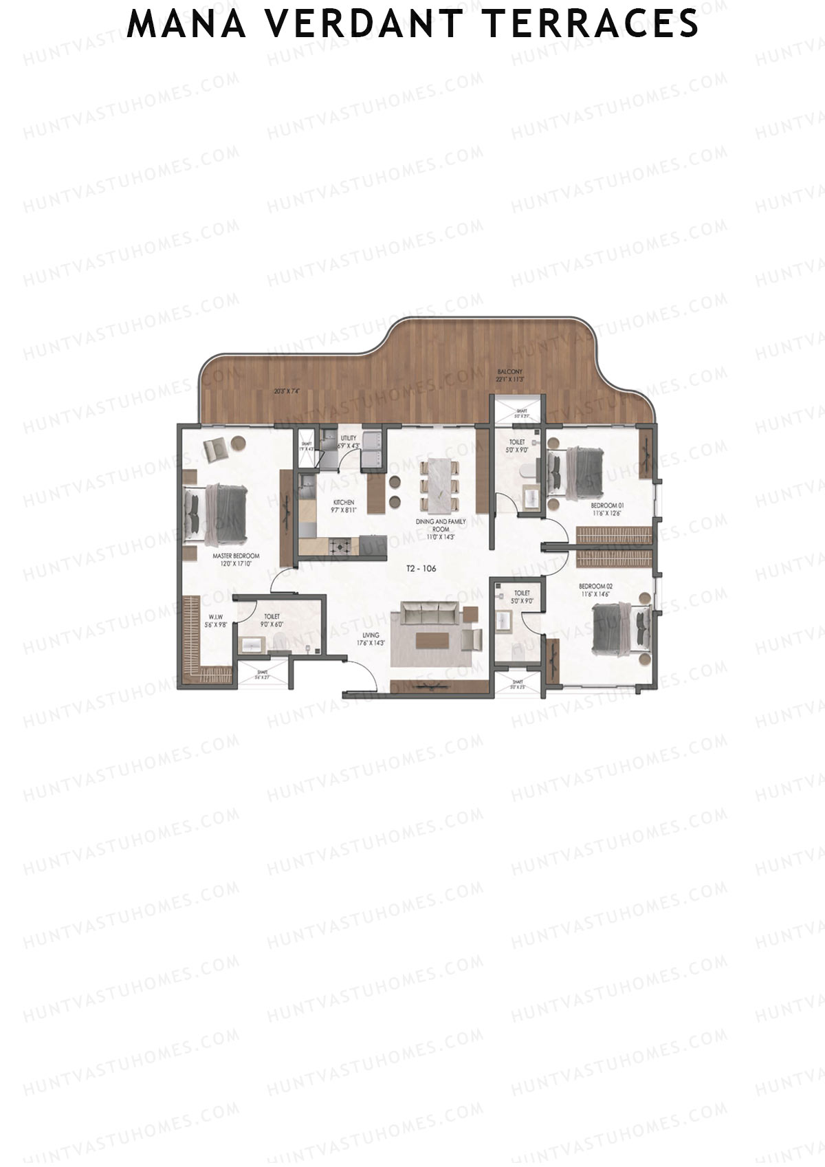 Mana Verdant Terraces, Tower 2, Unit 6, 3BHK, Super Area 2496   sq ft 