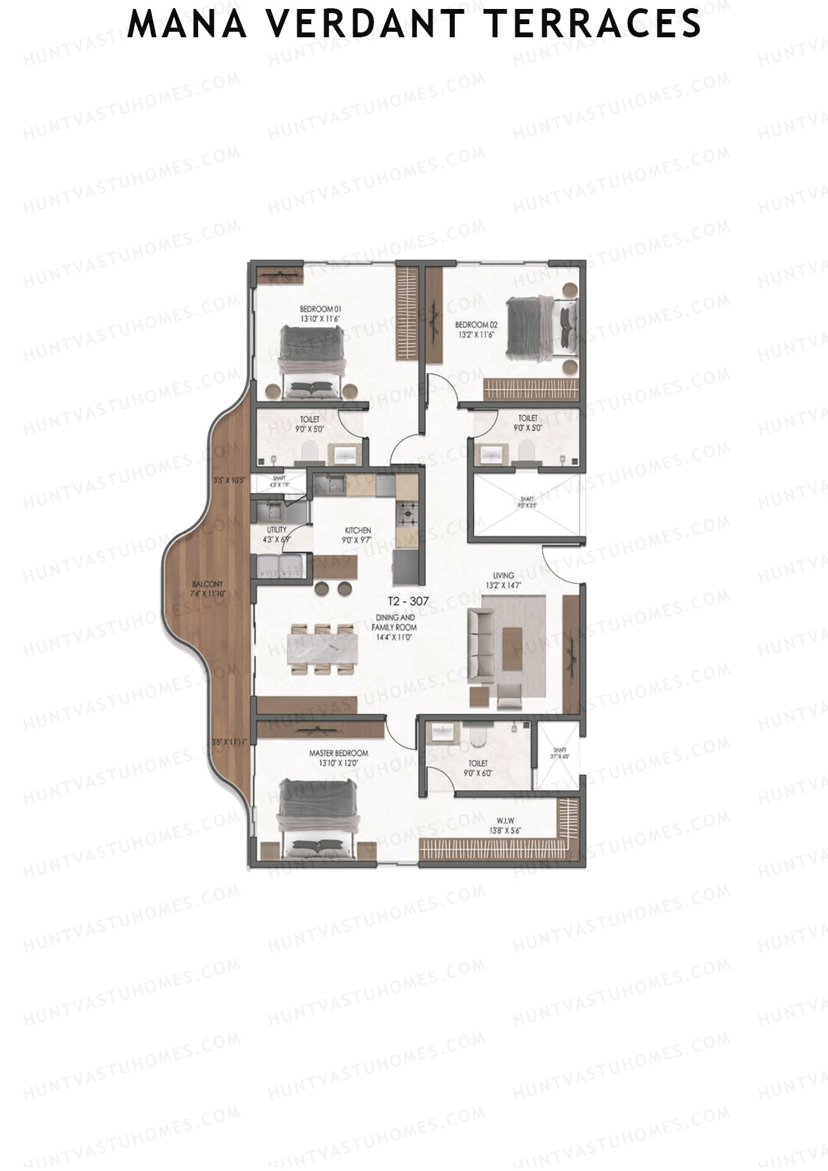 Mana Verdant Terraces, Tower 2, Unit 7, 3BHK, Super Area 2102   sq ft 