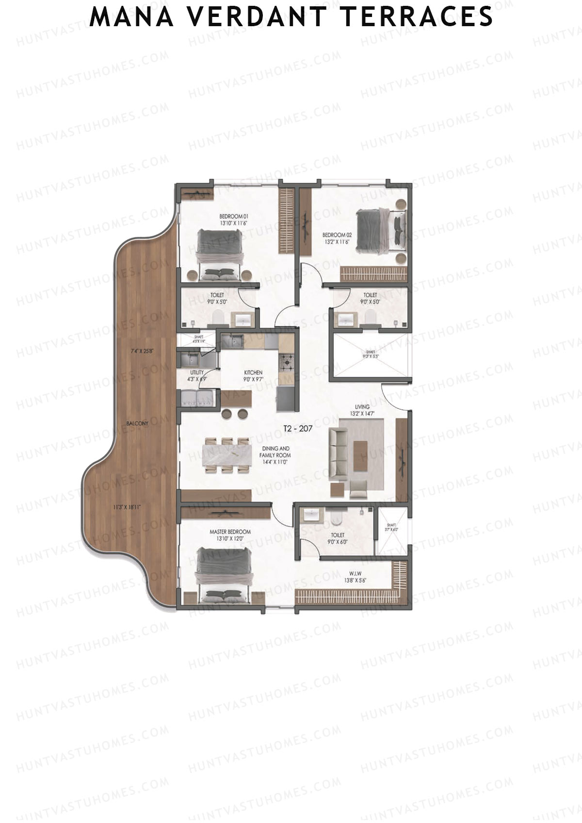 Mana Verdant Terraces, Tower 2, Unit 7, 3BHK, Super Area 2371   sq ft 
