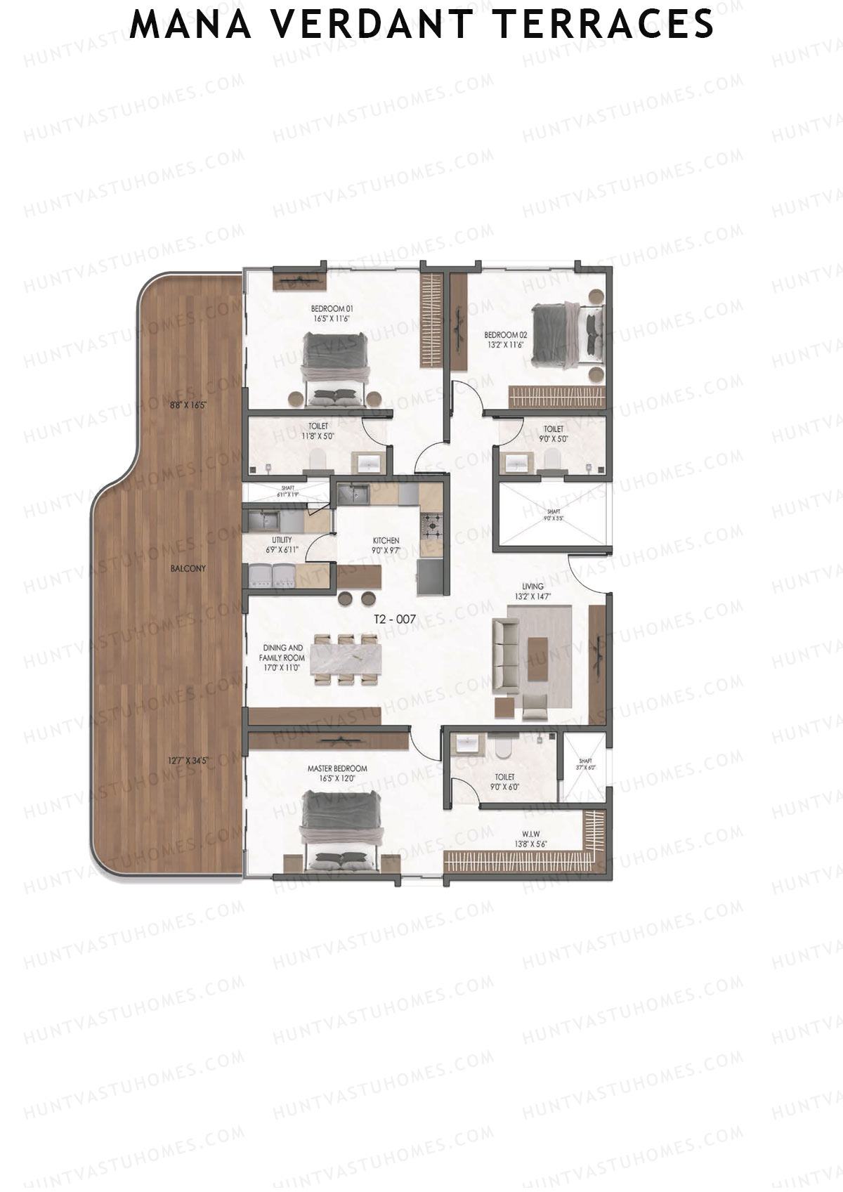 Mana Verdant Terraces, Tower 2, Unit 7, 3BHK, Super Area 2849   sq ft 