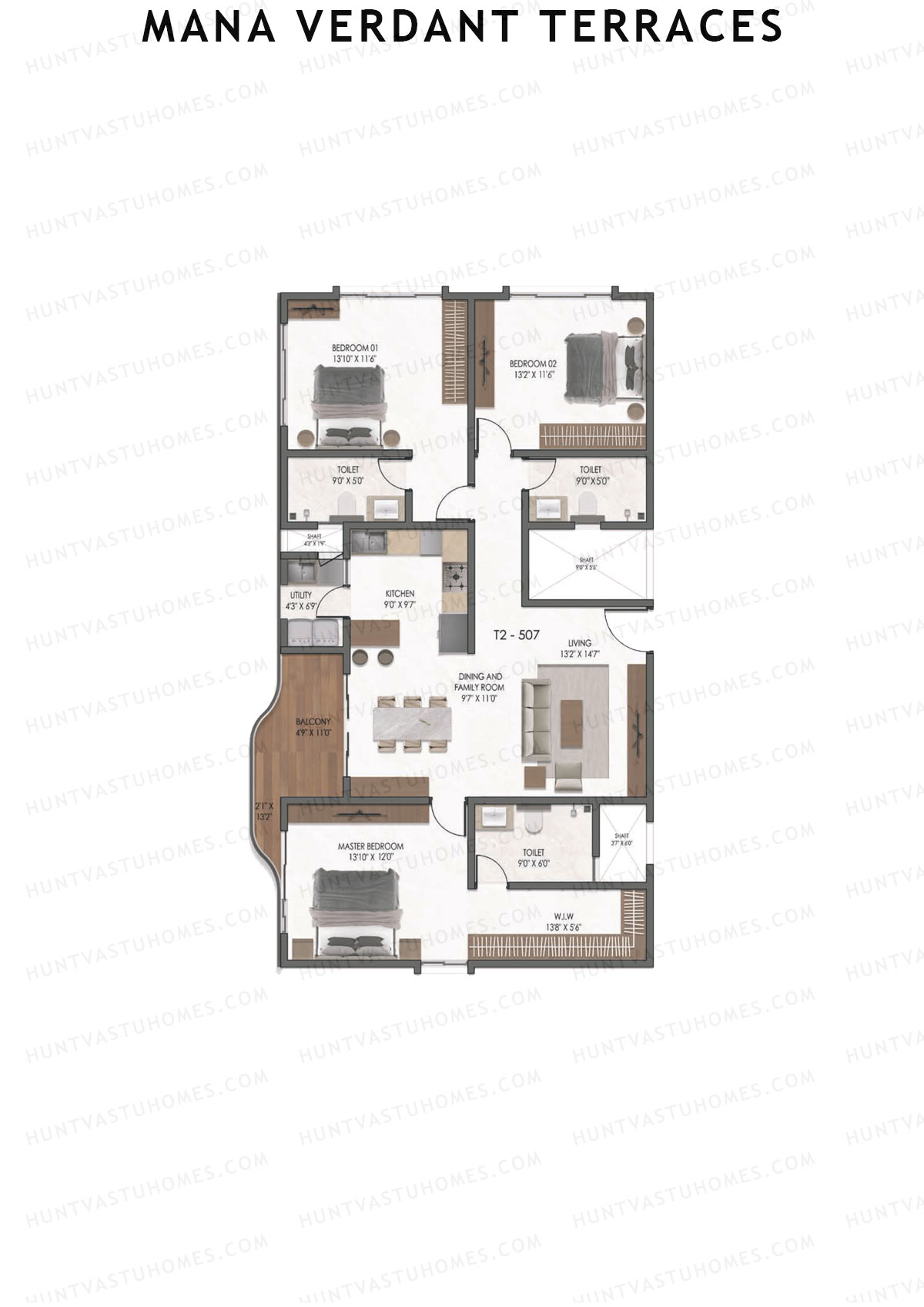 Mana Verdant Terraces, Tower 2, Unit 8, 3BHK, Super Area 1935   sq ft 